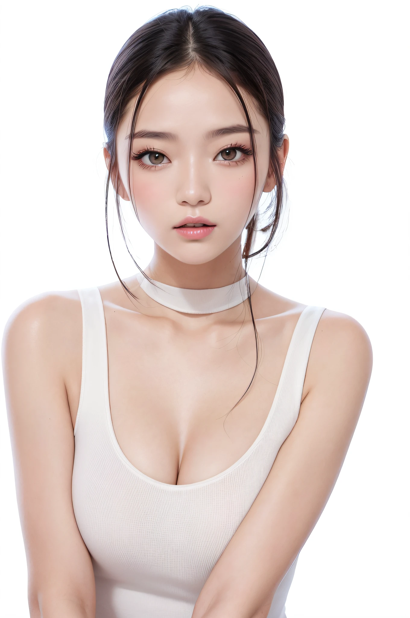 Top quality, RAW Photo, Highest Quality Image, 16K, Full body, Age 22, Realistic, Photorealistic, Beautiful Asian woman, Sexy, body, White pale skin, Brown Hair,, dreadlocks hairstyle, Reggae hairstyles, Detailed face, Detailed body, Detailed skin, Double eyelids, Big eyes, long eyelashes, bright eyes, green eyes, natural lips, detailed lips, Saggy breasts, Very Small breasts, Flat Breasts, long shape breasts, posing in bedroom studio, sunny day light, wearing white see through crop top with all buttons are unbuttoned, no bra, Tattooed on the top of rhe chest