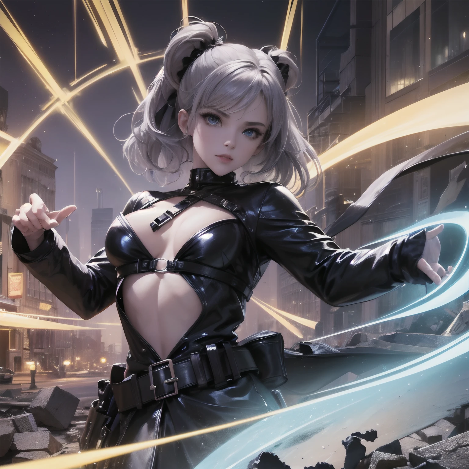 finest image, portrait, detailed and delicate depiction, a female warrior wearing a long black leather coat, sexy, beautiful, cute, abs, slender, amorous expression, lewd expression, ecstasy, orgasm, light silver glossy braided bangs short hair, light blue sparkling big eyes, double eyelids, background Northern Renaissance style, galaxy, midnight city, ruins, piles of rubble, puddles, rainbow and gold neon light many lines, iridescent, magic circle, fantasy, professional lighting
