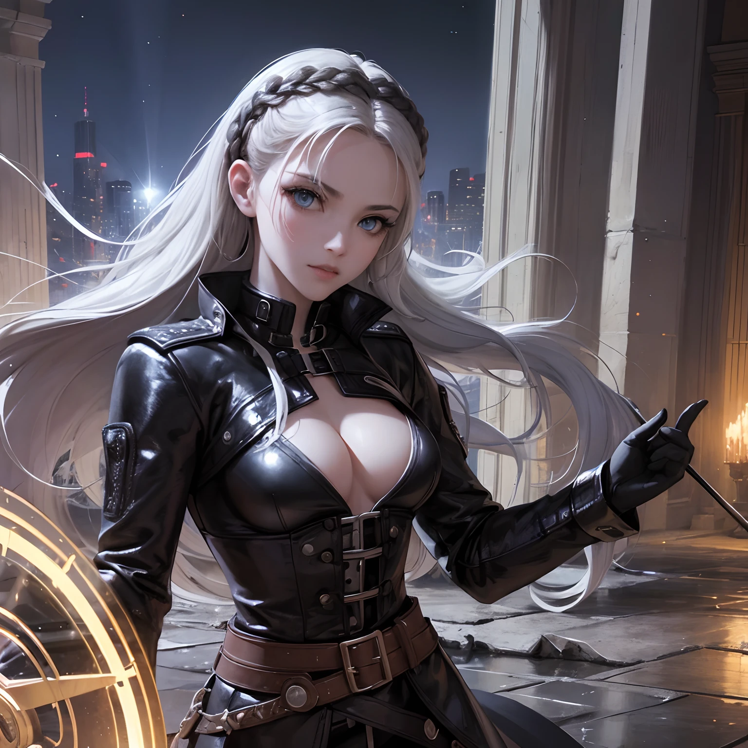 finest image, portrait, detailed and delicate depiction, a female warrior wearing a long black leather coat, sexy, beautiful, cute, abs, slender, amorous expression, lewd expression, ecstasy, orgasm, light silver glossy braided bangs short hair, light blue sparkling big eyes, double eyelids, background Northern Renaissance style, galaxy, midnight city, ruins, piles of rubble, puddles, rainbow and gold neon light many lines, iridescent, magic circle, fantasy, professional lighting