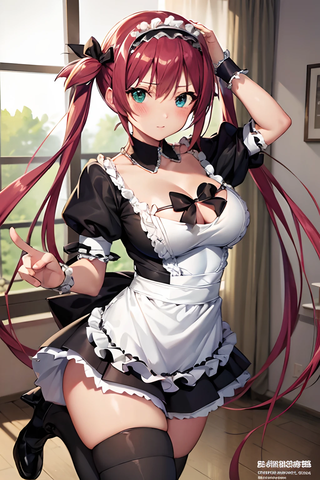 masutepiece, Best Quality, Airlib 4, 1girl in, Solo, blush, thighs thighs thighs thighs, black thighhighs, Apron, zettai ryouiki, maid, Maid headdress, cleavage, Wrist cuffs