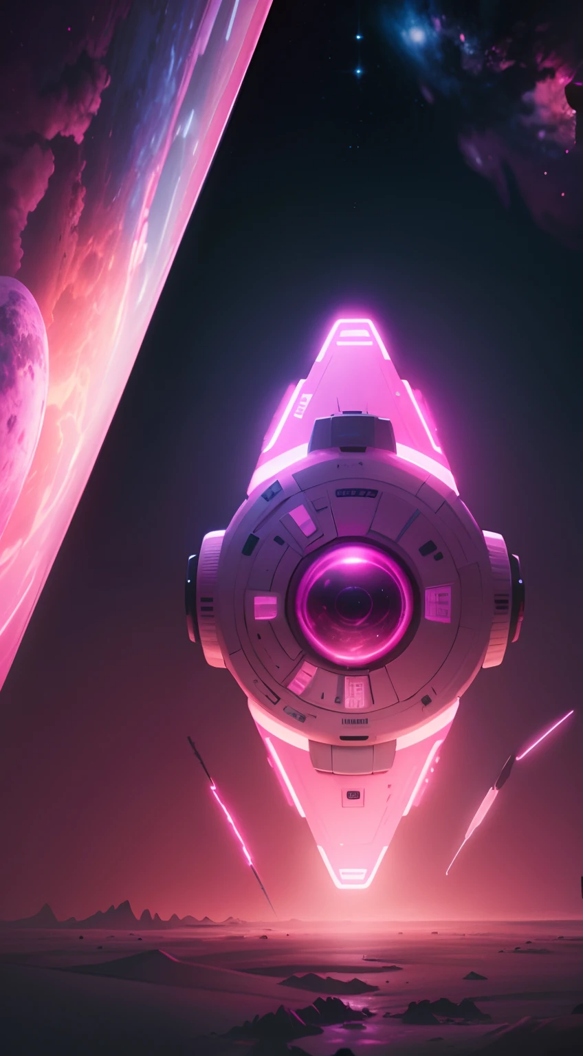 8K beautiful comics Wide angle big scene Blockbuster pink galaxy A purely mechanical metal planet Futuristic sense of technology Pink and white color scheme Neon signs