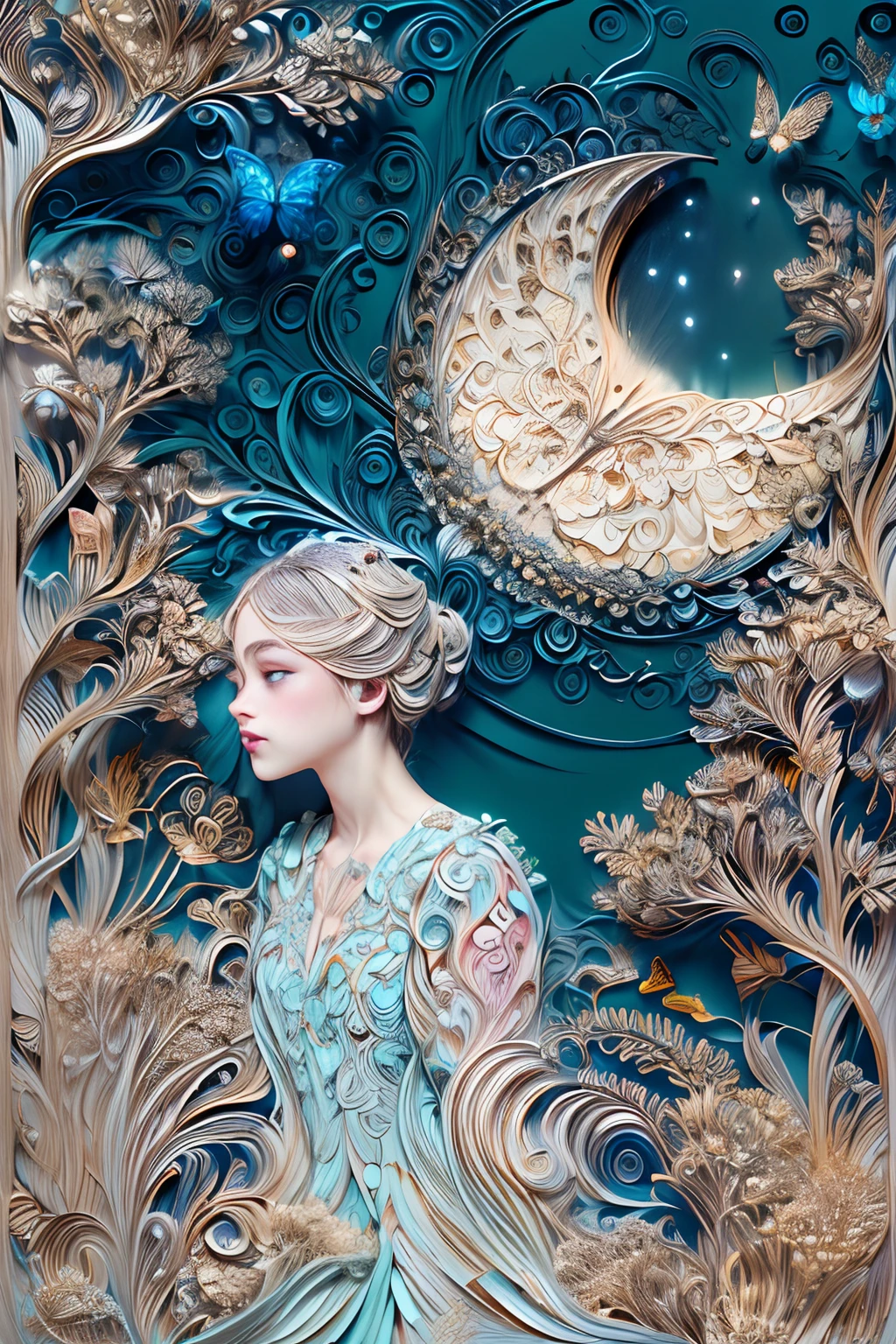 ((((masterpiece))), best quality, illustrations, beautiful details glow,
paper_cut, girl face details clear to the camera, tree, moon, butterfly,