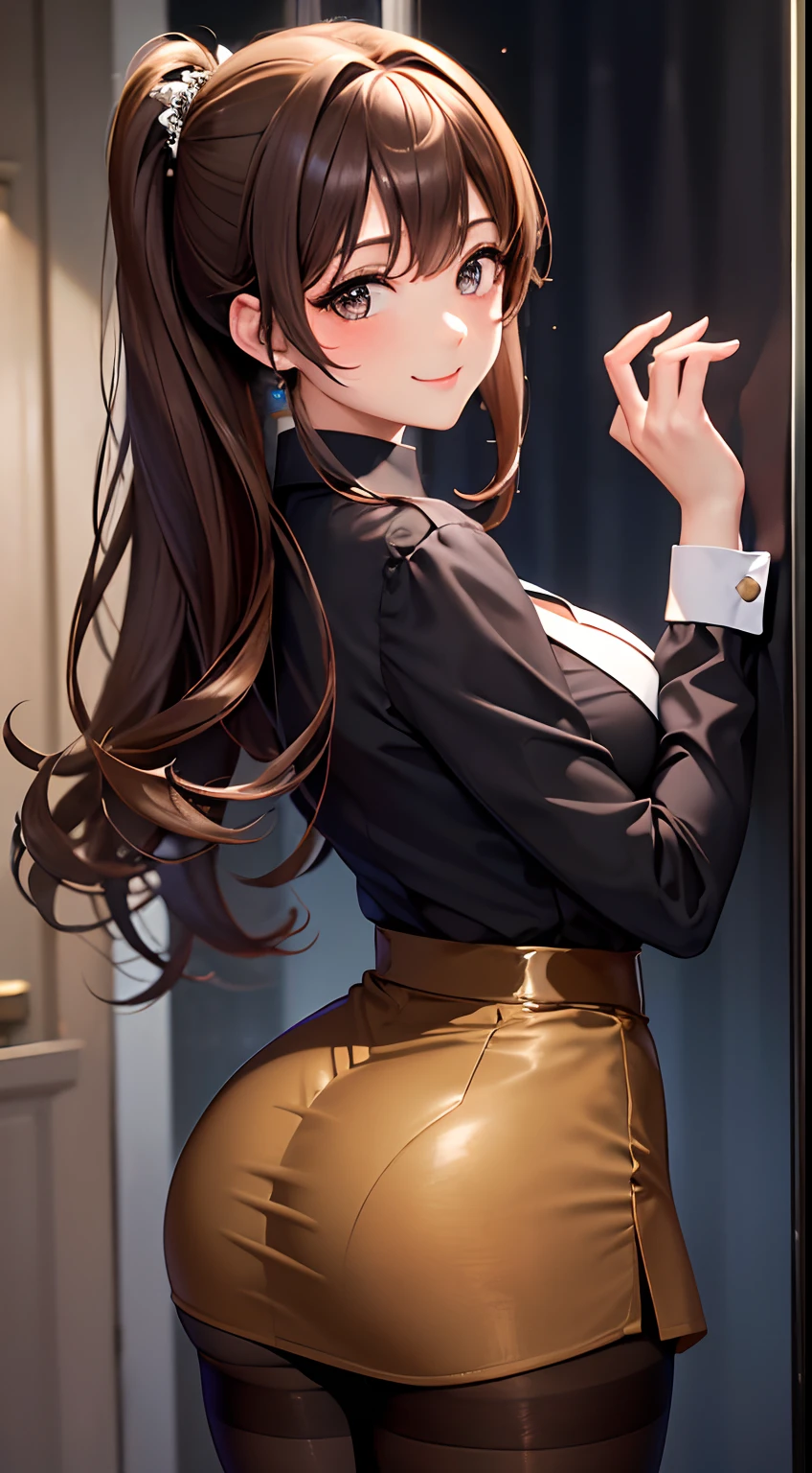 (top-quality: 1.3)、(masterpiece: 1.3)、(The ultra-detailliert: 1.3)、(wall-paper, one girls)、(Classy shirt:1.3)、(Long skirt with high waist:1.3)、(Shiny brown pantyhose:1.3)、(Brown hair:1.3)、Medium Hair、poneyTail、(Beautiful Large Breasts:1.3)、in a office、Naughty smile、Beautiful butt、You can see a little bit of the shape of the buttocks from the top of the clothes、Seduction Pose