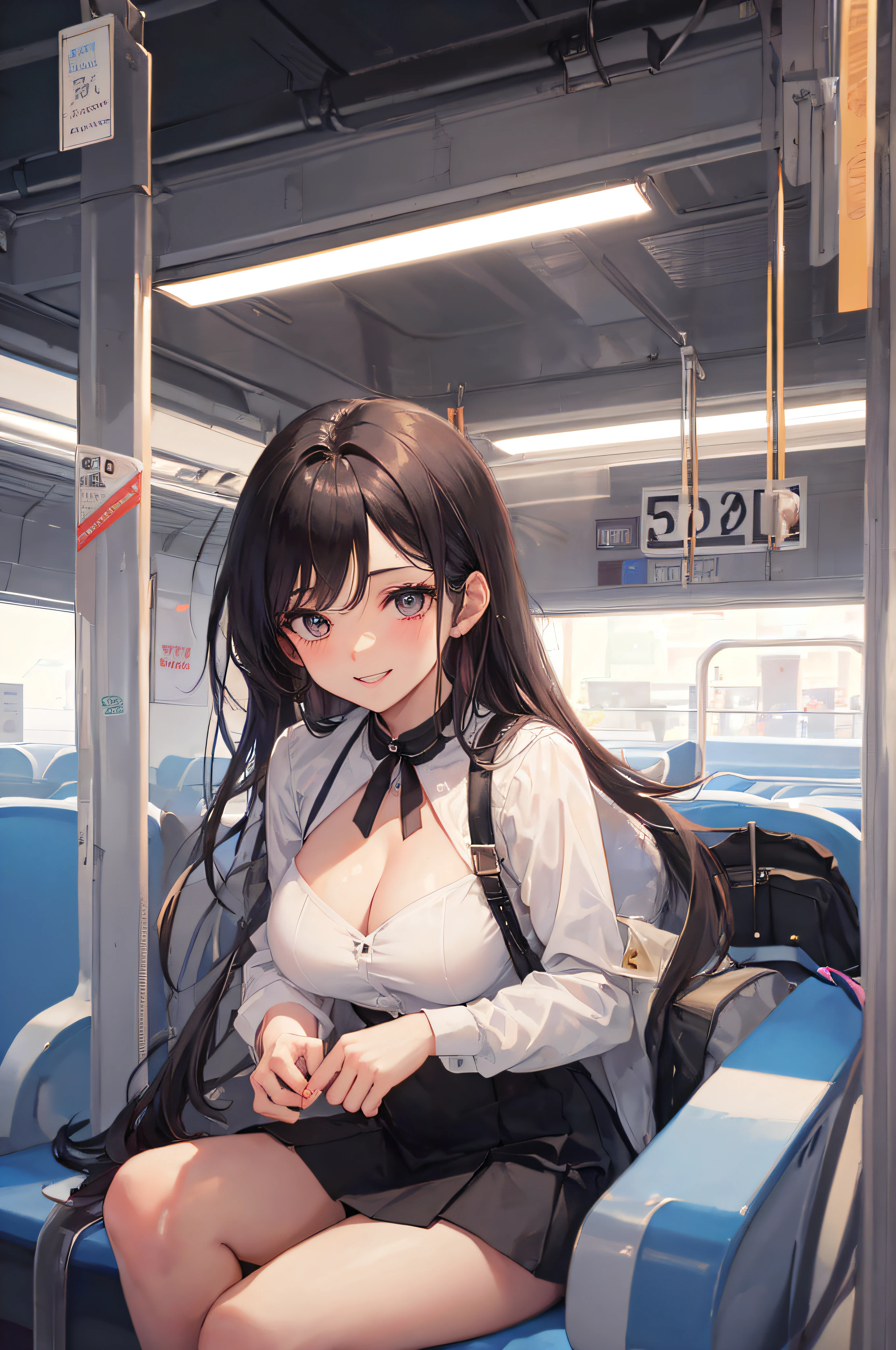 ((A sexy and beautiful woman is staring at me on the commuter train)), ((cutest 22-year-old beauty)), ((charming smile)), ((very long hair) ) , ((Mini Skirt)), ((Rich Bust)), Gradient Eyes, Seductive Makeup, Single View, NFFSW, UHD, Retina, Masterpiece, Accurate, Anatomical, Scientifically Correct, Textured Skin, Super Detail, high detail, high quality, award winning, highest quality, high resolution, 1080P, HD, 4K, 8k, 16k