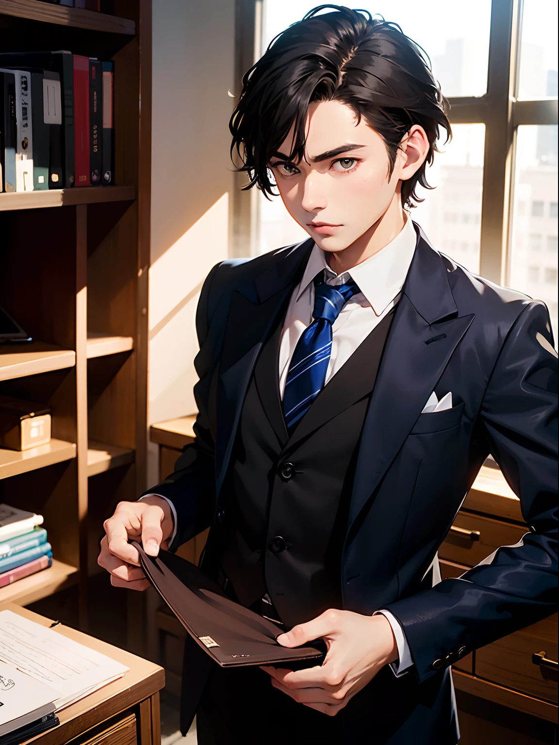1boy,11 only、(Man's :2),(bobhair:1.5)、Long sideburns、Brown hair、Dark blue suit、tight fitting,Brightly colored ties、Cluttered office、midnight,Natural lighting、hightquality、masutepiece,8K,hight resolution、