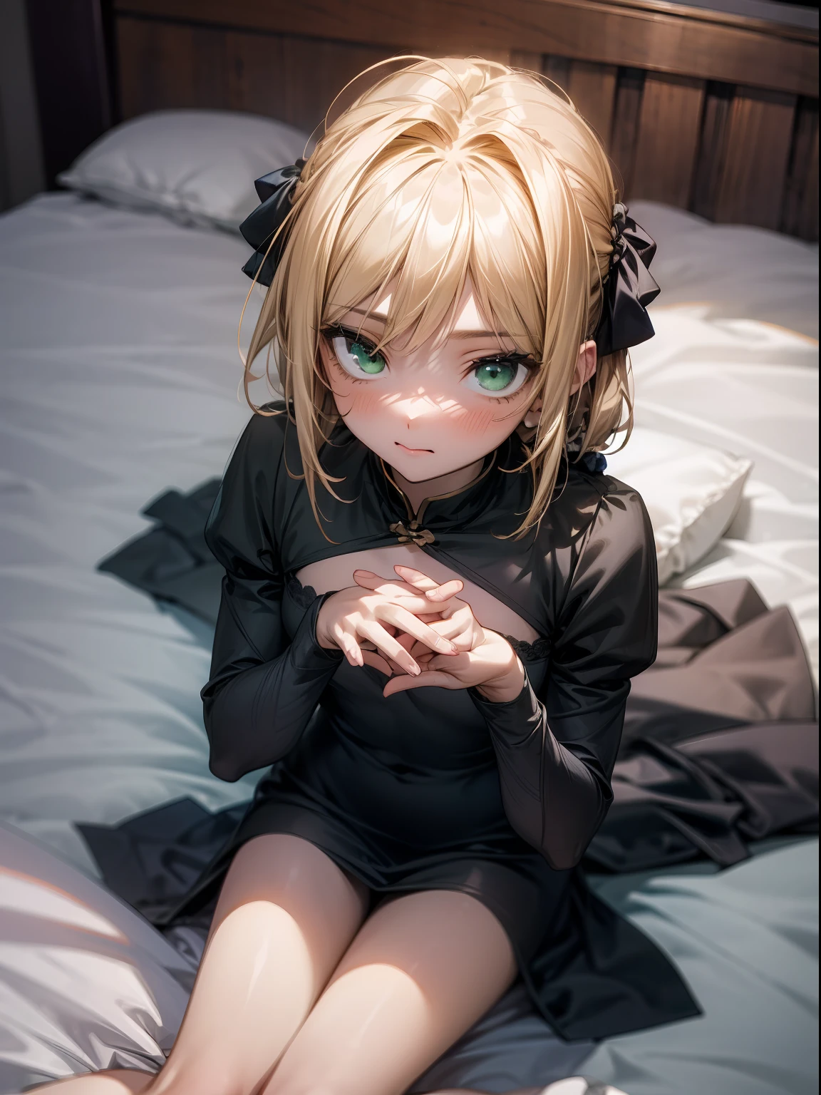 1girll，1 face，Lie down in bed，Just woke up from sleep，独奏，Poor milk，Transverse conveying，Half-length picture，largeeyes，eye closeup，（with short golden hair），（Green eyes），hair scrunchie，small thighs，best qualtiy， （ black color dress），inside in room，stocklings，Elaborate Eyes，on top of the bed，On your stomach，adolable，head looking up，Reasonable body structure，Young，Extremely detailed face, Perfect lighting, Extremely detailed CG, (Perfect hands, Perfect anatomy)