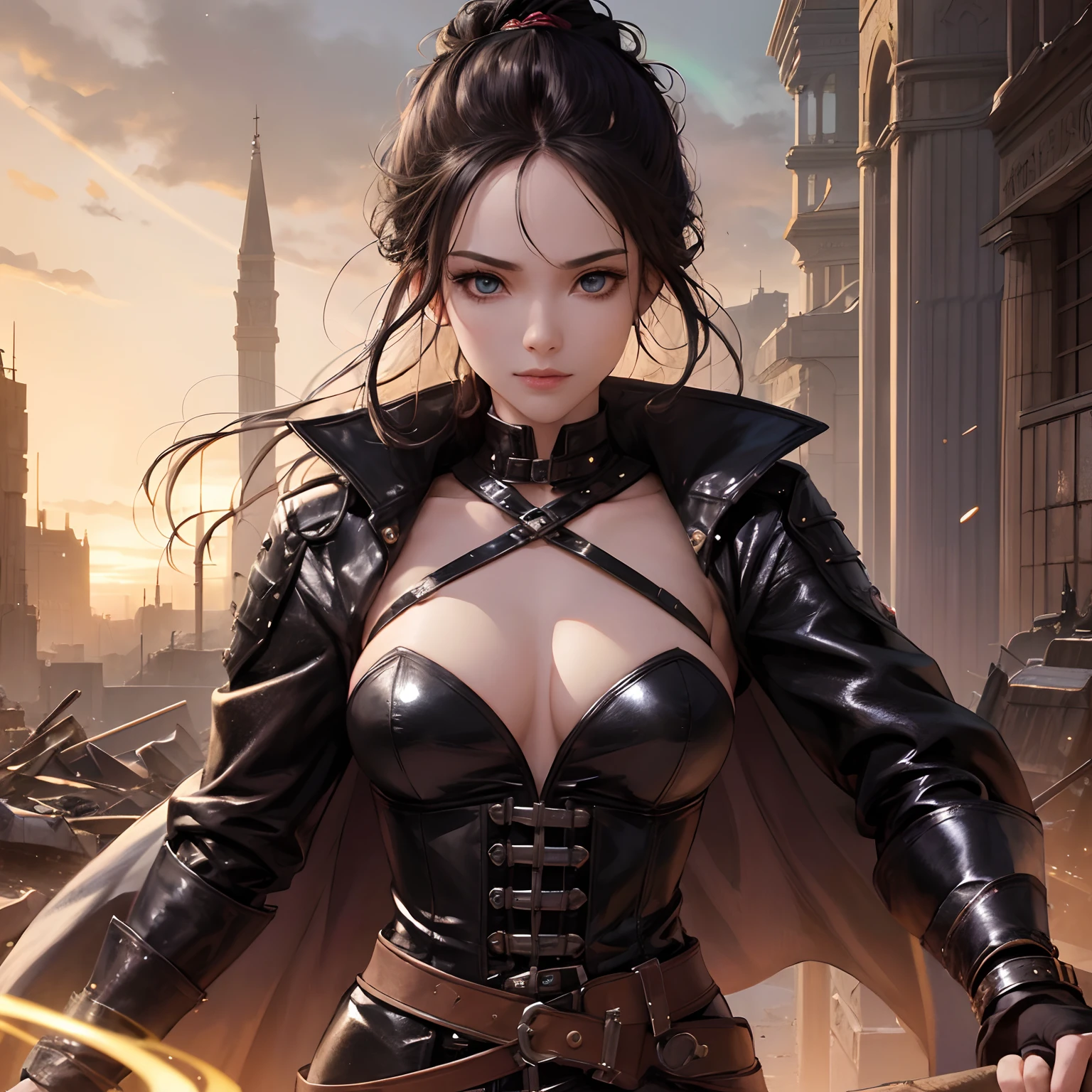 finest image, portrait, detailed and delicate depiction, a female warrior wearing a long black leather coat, sexy, beautiful, cute, abs, slender, amorous expression, lewd expression, ecstasy, orgasm, light silver glossy braided bangs short hair, light blue sparkling big eyes, double eyelids, background Northern Renaissance style, galaxy, midnight city, ruins, piles of rubble, puddles, rainbow and gold neon light many lines, iridescent, magic circle, fantasy, professional lighting