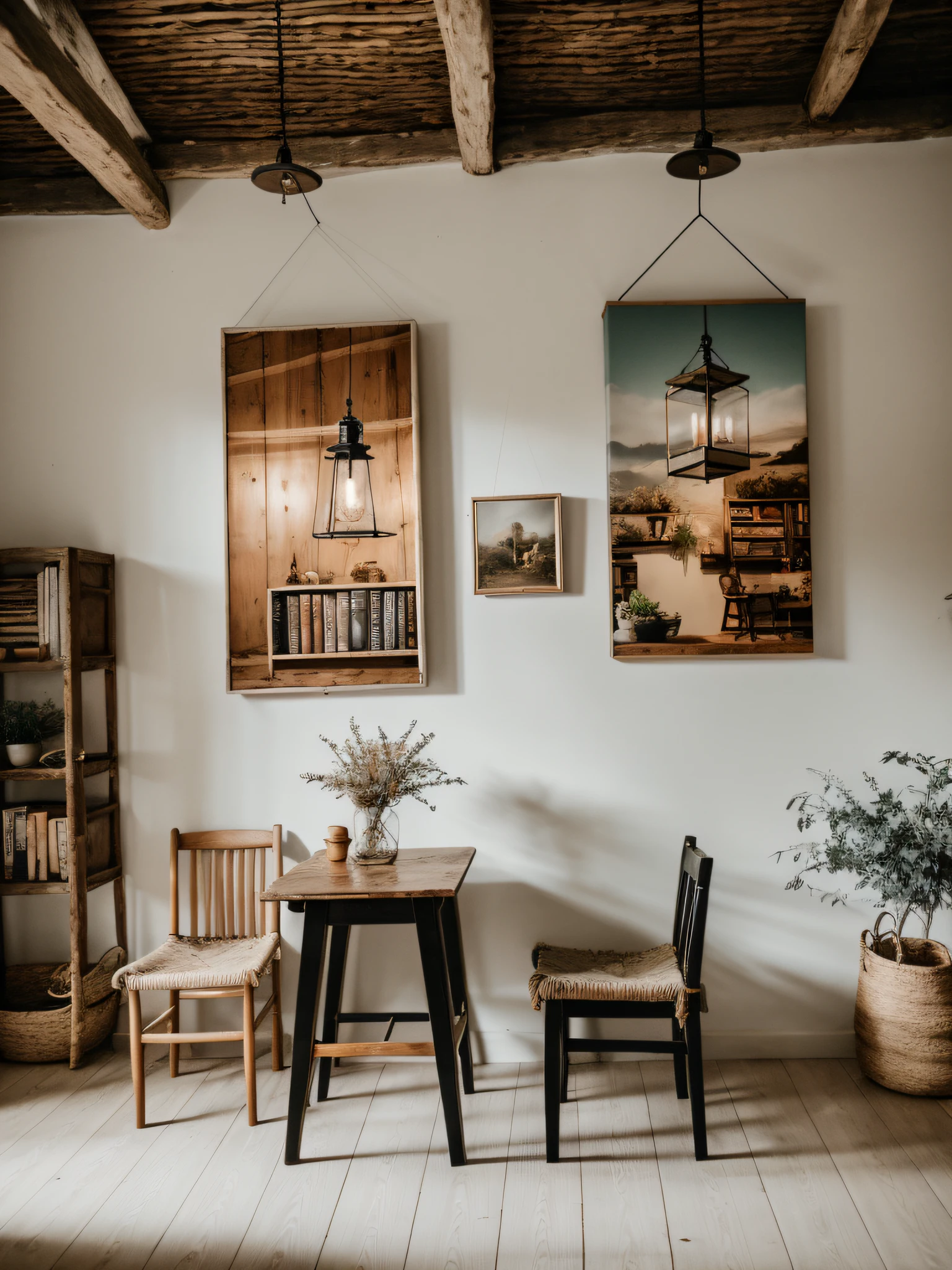 RAW photo, nostalgic style, rough wooden coffee table, frame 2 canvas paintings and keep the images in the paintings intact, arrange simple wooden shelves on the wall, dry tree branches hanging from the ceiling, shelves for books and utensils antique, vase of dried flowers, black pendant lamp, warm light, 8k uhd, dslr, soft lighting, high quality, film grain, Fujifilm XT3