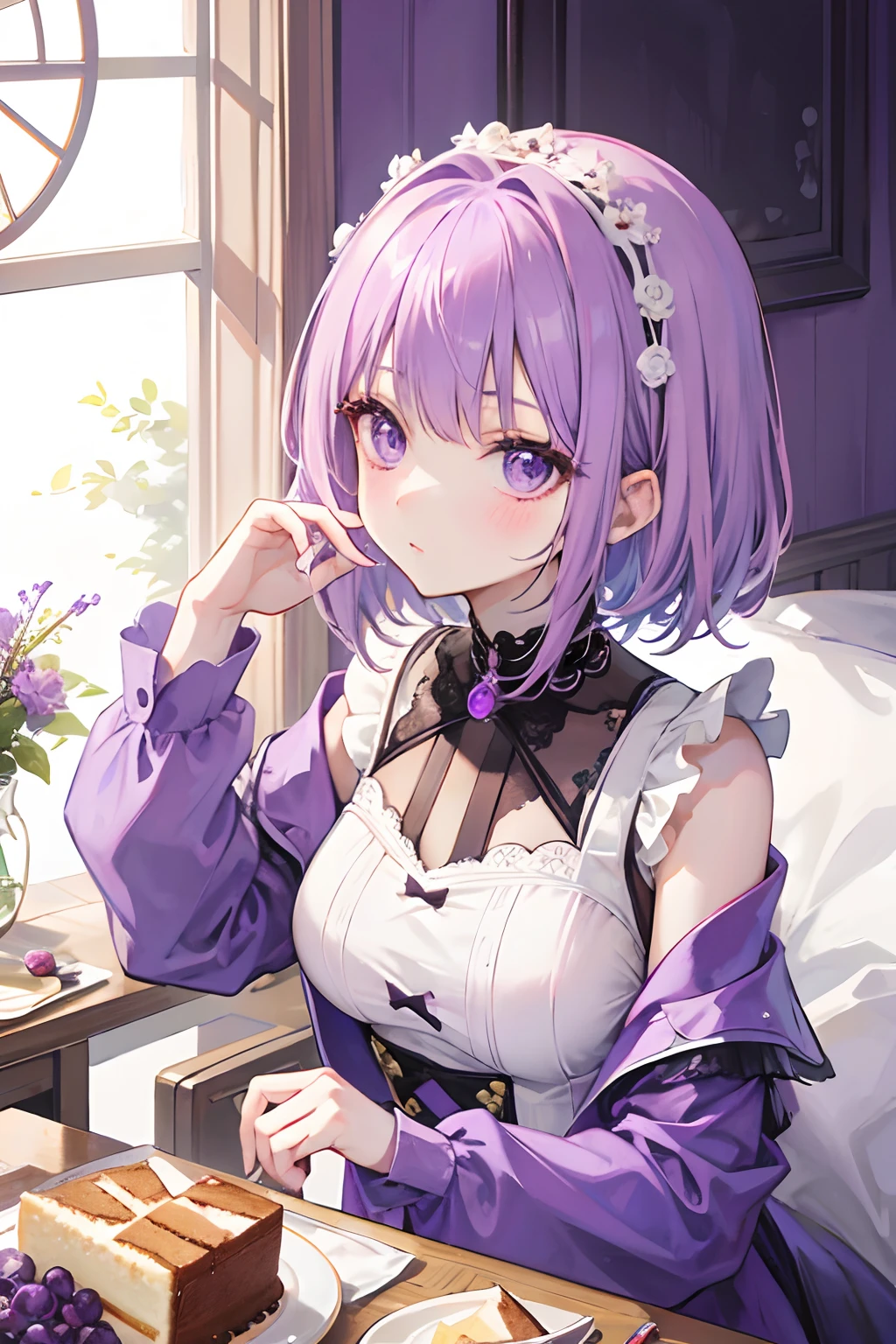 short light purple hair,Sister head,Qi bangs,Dull hair,Deep purple eyes,Grape jam,Cream cake