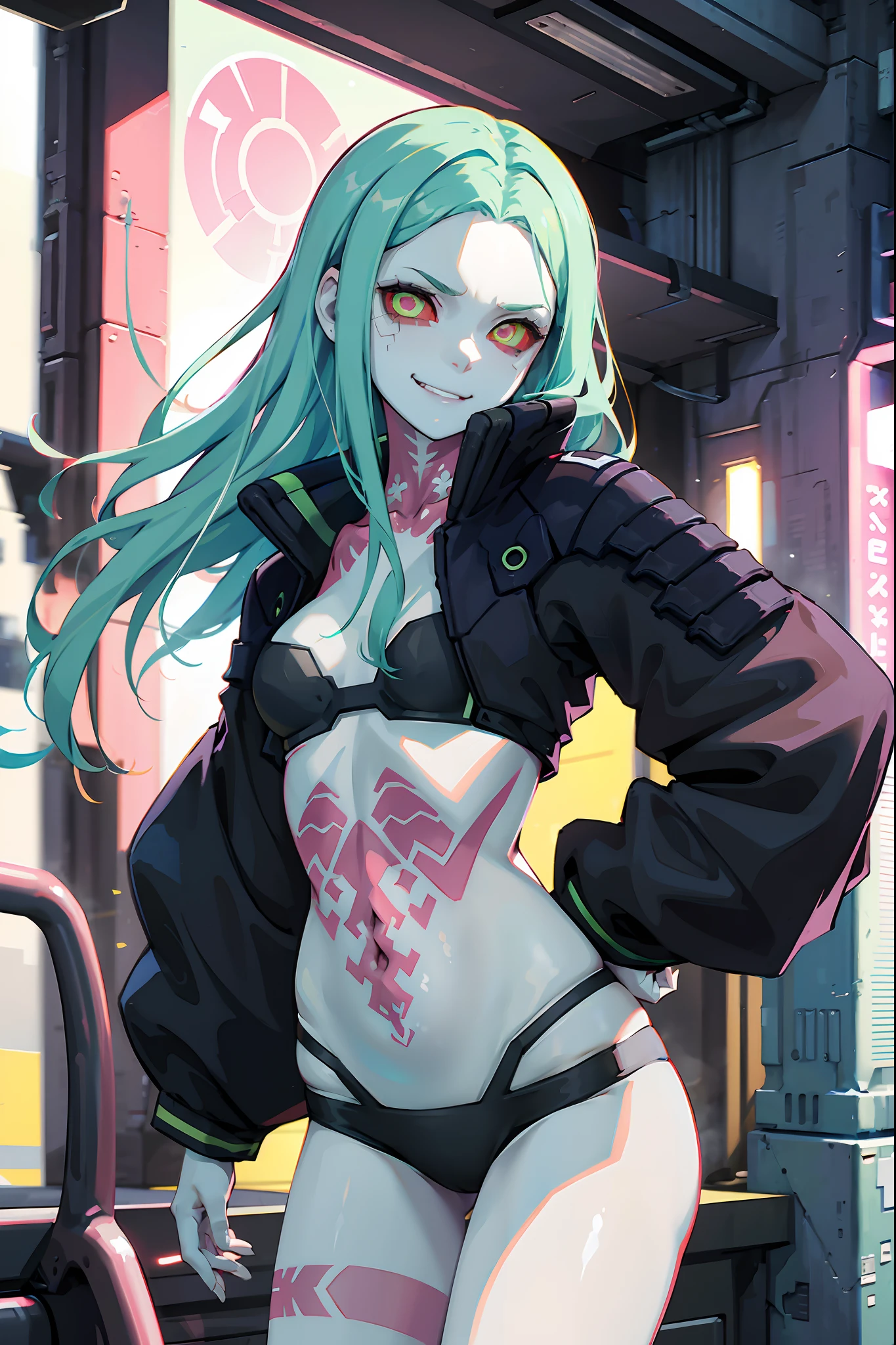 masterpiece, best quality, highres, 1girl, rebecca \(cyberpunk\), solo, long hair, mechanical eye, colored sclera, red sclera, colored skin, white skin, leg tattoo, neck tattoo, green hair, long hair, small breasts, underwear, fang, red pupils, skin fang, red eyes, black jacket, portrait, cyberpunk house, smirking