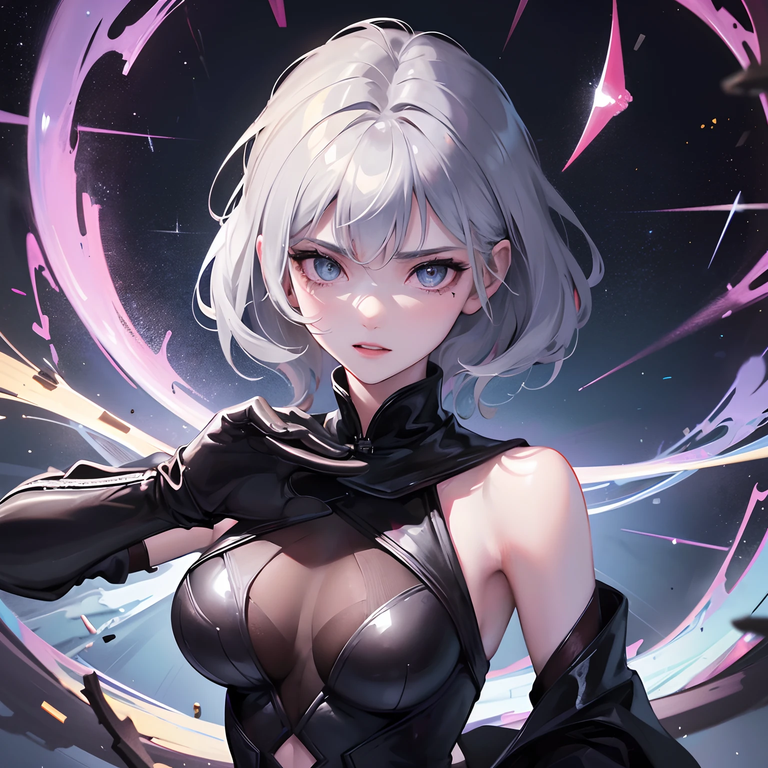 finest image, portrait, detailed and delicate depiction, a female warrior wearing a long black leather coat, sexy, beautiful, cute, abs, slender, amorous expression, lewd expression, ecstasy, orgasm, light silver glossy braided bangs short hair, light blue sparkling big eyes, double eyelids, background Northern Renaissance style, galaxy, midnight city, ruins, piles of rubble, puddles, rainbow and gold neon light many lines, iridescent, magic circle, fantasy, professional lighting