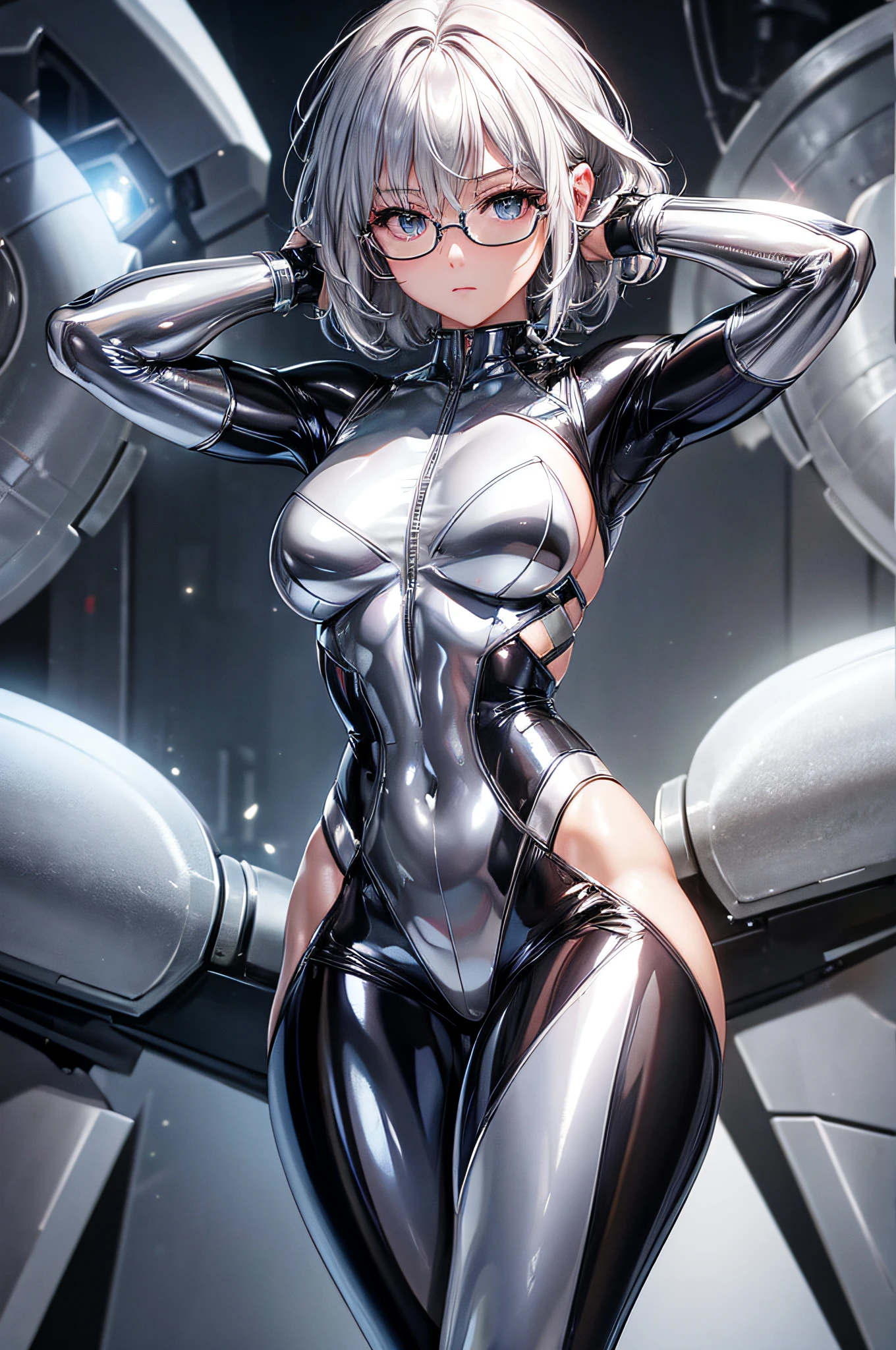 5 8K UHD、Muscular beauty with short silver hair in shiny full-body silver suit with glasses with hands folded behind her head、Shiny silver latex suit with hidden skin、Upper body only
