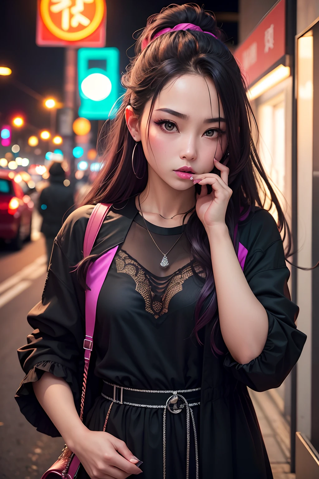 Fashion portrait color photo, 女人Okay got it go there and I again Tilo su thick deal, try mouth. I'll try mouth open door fire I say something wrong, Neon lights