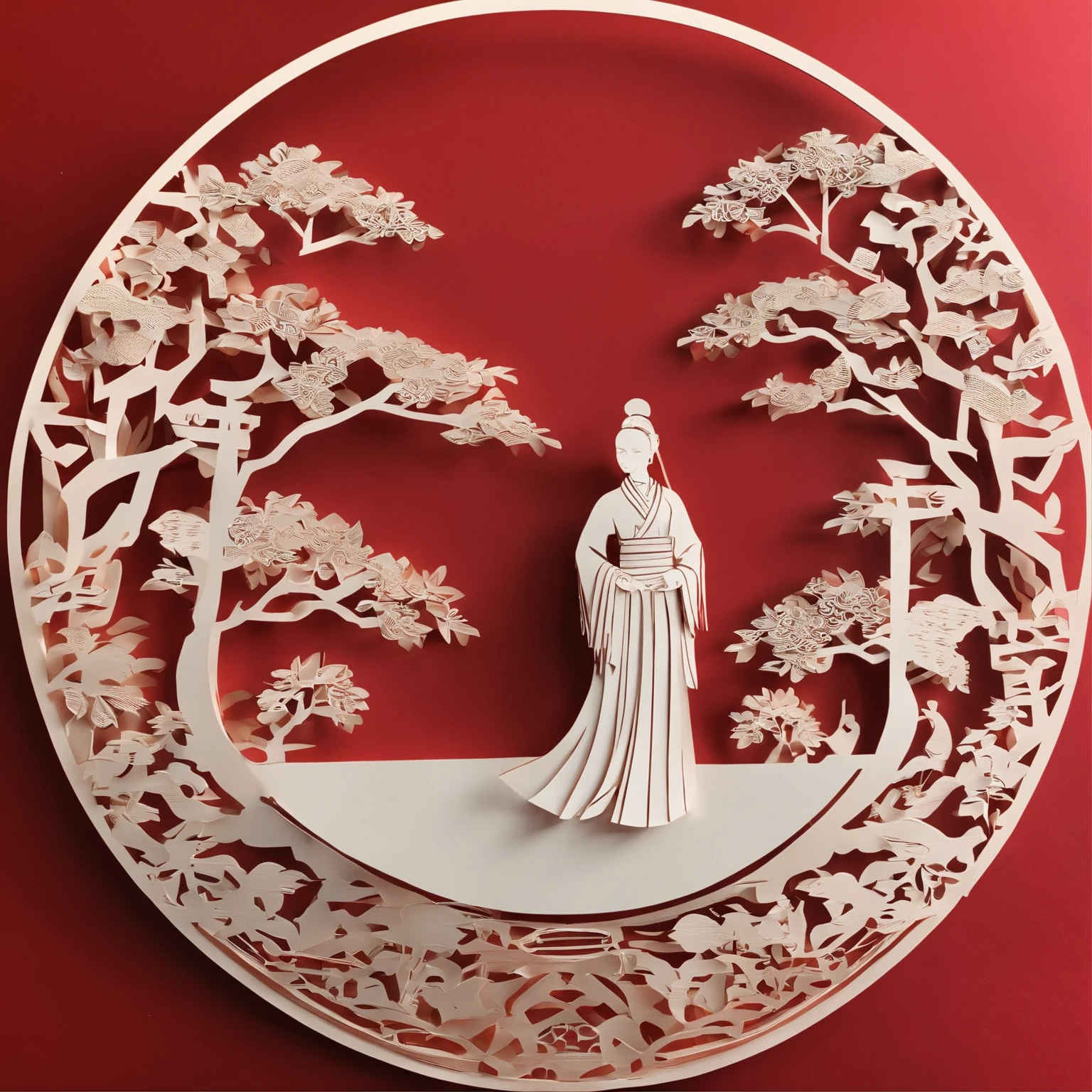 Flat paper cut style，((Ancient Chinese women))，sportrait，red colour，Paper，Color blocking，((round form))