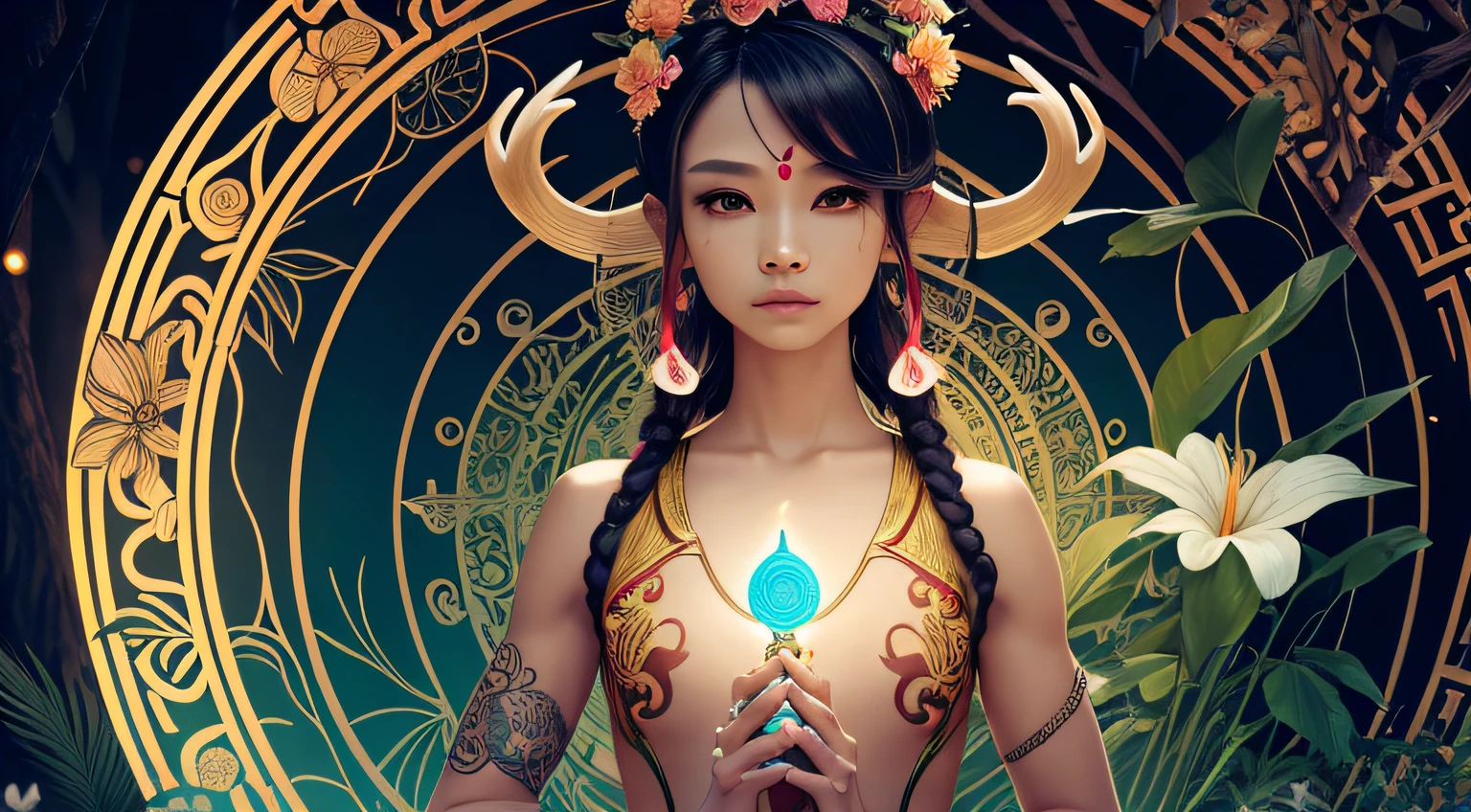 androgynous, antlers, magic circle, tropical forest, flowers of all colors and shapes, pagoda temple, flowers of all colors and shapes, beautiful dress, kundalini, beautiful face, while doing magic, Magic Tape, androgynous, graceful very small tits, muscular, androgynous, feminine