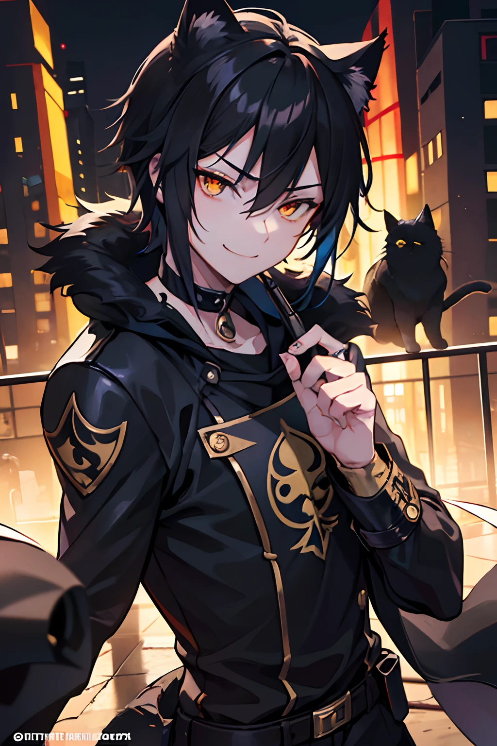 Understood.。Bandit adventurers adjust prompts as an age of around 24。

3. A thief with an unhateful personality who is only about 24 years old（male people、Black Cat Beastman、Golden eyes、stealth、Urban darkness）:
   -prompt: "1boy, solo, super fine illustration, an extremely delicate and beautiful, best quality, black fur, golden eyes, slender but muscular, dagger, sneaky, rogue, shadowy, urban, lurking in the dark, streetwise, appearing to be around 24, with a sly and endearing grin as if mocking playfully.(cat ear)、(A dark-haired)、(Villain's Smile)"

At this prompt,、It is emphasized that he will be about 24 years old.、You can draw a bandit character whose unhateful personality is expressed。
