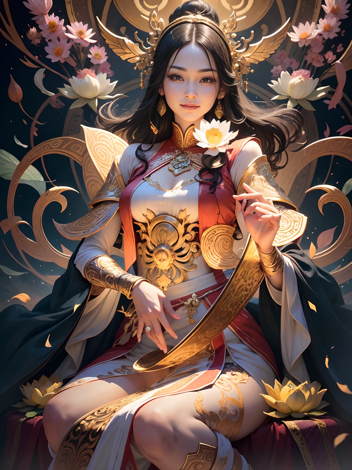 (Chinese immortals), (Buddhism), Multip_Hands,(mythological stories), (bodhisattva), She sits on a lotus, (Three hands on the left,Three hands on the right, Each hand holds a different Buddhist vessel, left right symmetry),(Delicate and beautiful face), (White silk robe)sitting on a lotus flower, Frontal photo,Light smile, neo-classical, OP Art, Chiaroscuro, Cinematic lighting, god light, Ray tracing, character sheets, projected inset, first person perspective, hyper HD, Masterpiece, ccurate, Textured skin, Super detail, High details, High quality, Award-Awarded, Best quality, A high resolution, 8K