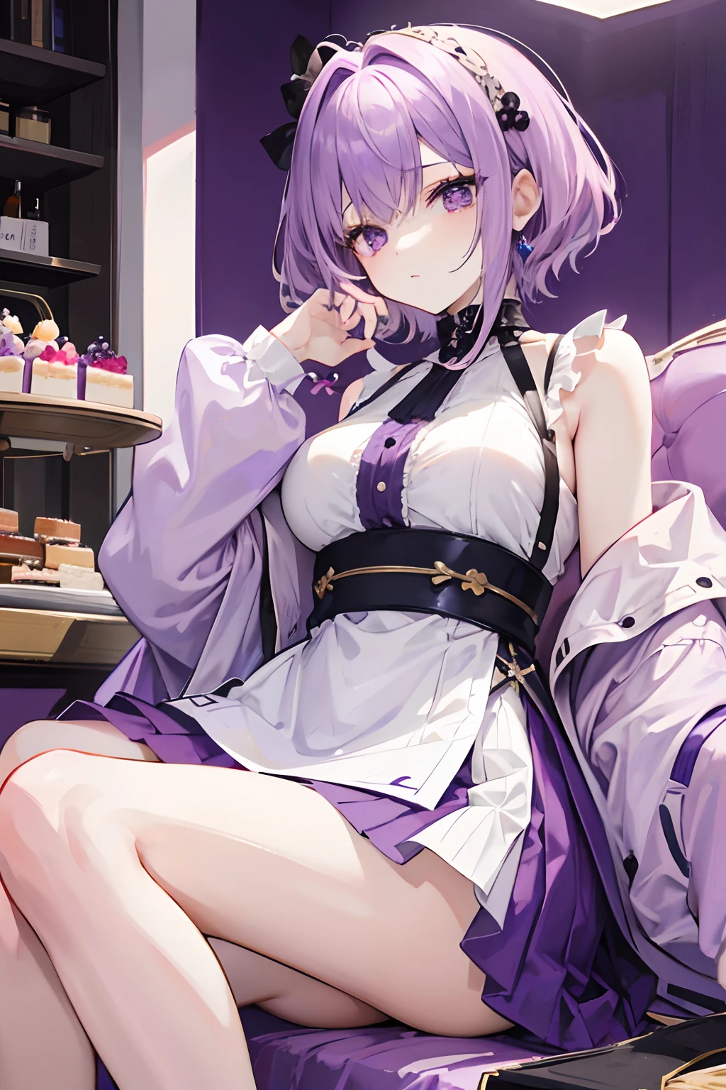 light violet hair,short detailed hair,Deep purple eyes,Qi bangs,Bunny ears,grapes,high tea