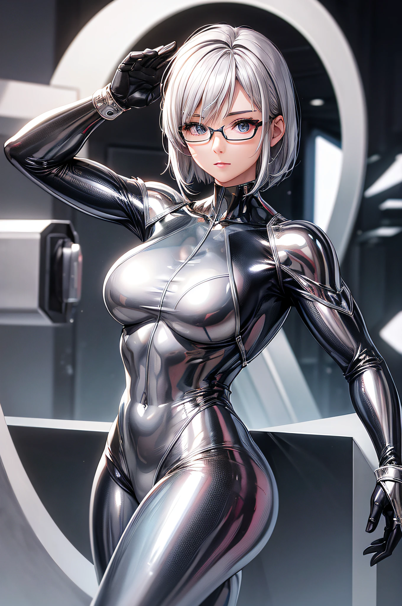 Highest quality 8K UHD、Mastepiece、Close-up、short hair、Blue Eyes、Open legs、Silver Hair、Glasses、A beautiful woman wearing a sleek silver metallic suit、Full body silver metallic rubber suit