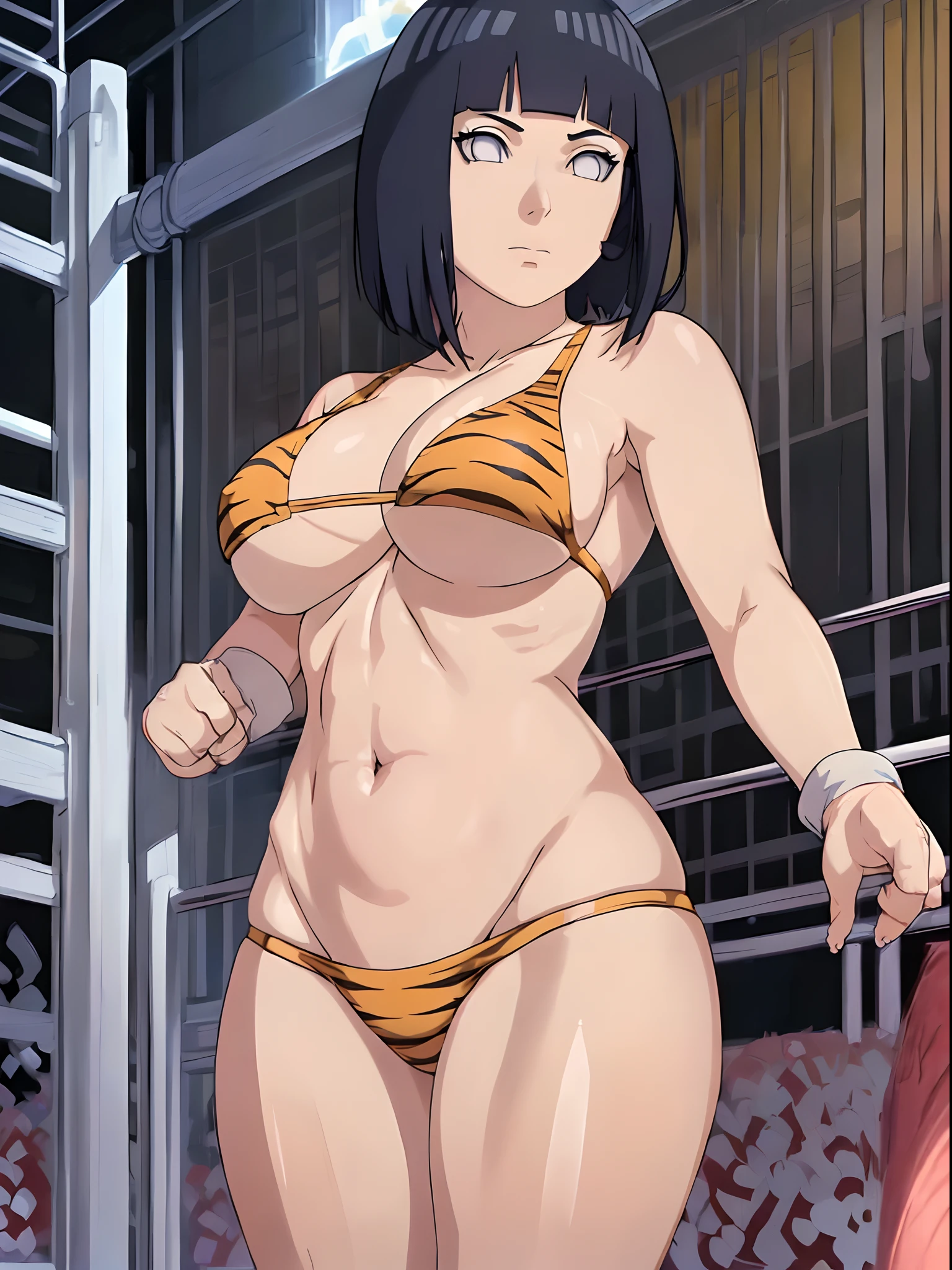 (ultra detailed body, ultra detailed face), ((solo)), anime style, hires, ((pro wrestling arena, pro wrestling match, crowd watching)), (hinata\(boruto\), (female wrestler), (slender body, broad shoulders, shaved armpit), mature woman, milf, (tigress, bikini, ultra detailed pro wrestling gear, armbands), victorious, gorgeous, winner, confident face, closed mouth, (pale skin, shiny skin, lighting and shadow), (dark blue hair color:1.1), wavy hair, ((short hair, hime cut, floating hair), big breasts, ((warming up)), (long belly), (closed fists), seductive, (perfect eyes, white sciera, bright eyes, white eyes, anime eyes, looking at the viewer)