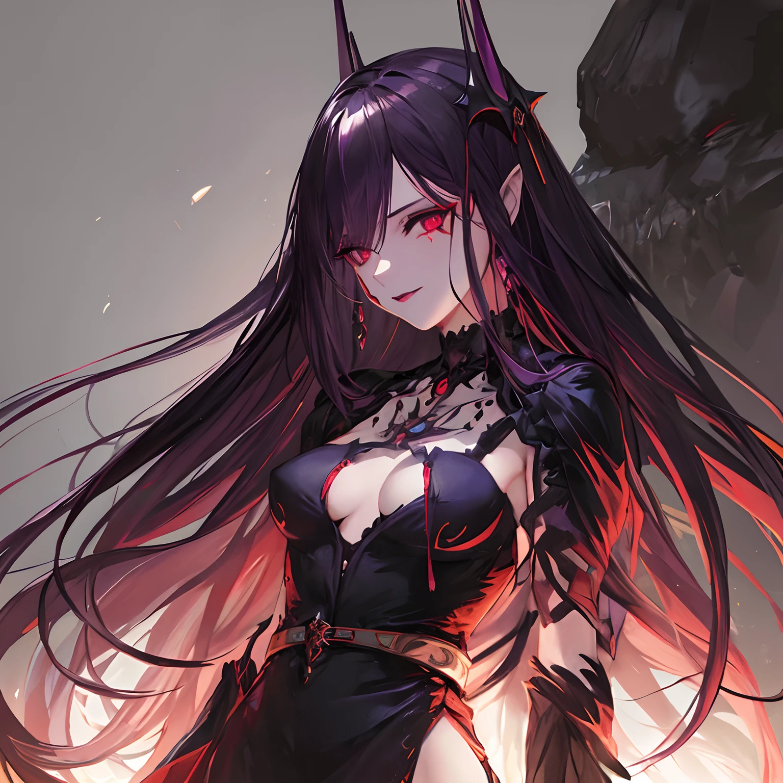 Woman, long dark purple hair, red eyes with a bright light, black long open dress, witch, silver jewelry in the shape of ribs, metal mask on half of the face, black lipstick