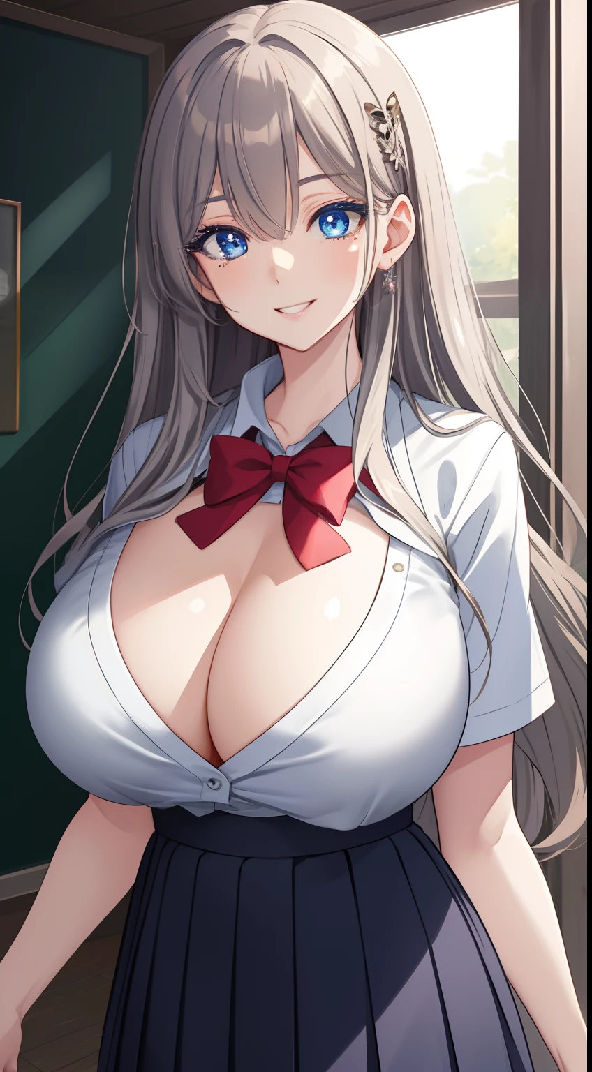 nodokaharamura, Haramura Nooka, Blue eyes, Hair accessories, long whitr hair, ash gray hair, Blue skirt, Kiyosumi school uniform, Pleated skirt, school uniform, serafuku, Skirt,looking at viewert, (Masterpiece:1.2), Best quality, high resolution, Unity 8k wallpaper, (illustration:0.8), (Beautiful detailed eyes:1.6), Extremely detailed face, Perfect lighting, Extremely detailed CG, (Perfect hands, Perfect anatomy),gigantic cleavage breasts,Seductive smile