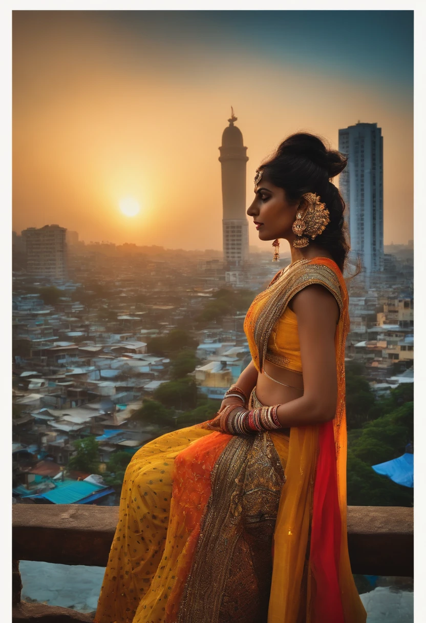 (best quality,4k,highres,masterpiece:1.2),ultra-detailed,realistic:1.37,portrait,colorful,street art,striking,energetic,remixed,tropical vibes,surreal,cityscape,vibrant colors,expressive,Ethereal Glow,city life,sunset,music,graffiti,freedom,cultural diversity,contrast,fusion of tradition and modernity,fusion of chaos and calm,Indian motifs,spiritual,the heartbeat of Mumbai,confident,embodied strength,authentic,self-expression,body paint,mysterious,confidence in diversity,joyful,motion,bustling,diverse people,night market,festival,celebration of life,rhythm,dance,artistic expression,passionate,customs,traditional attire,harmony,interconnectedness,lively,connection with surroundings,captivating,interactions,Mumbai's essence,fusion of cultures,street fashion,energy flowing through the streets,graceful,thumping beats,unity amidst diversity,visionary,beauty in chaos,untamed,electric vibes,dynamic,positive spirit,sensory overload,surrounded by life,realization of dreams,visual symphony,sounds of the city,spirit of never giving up