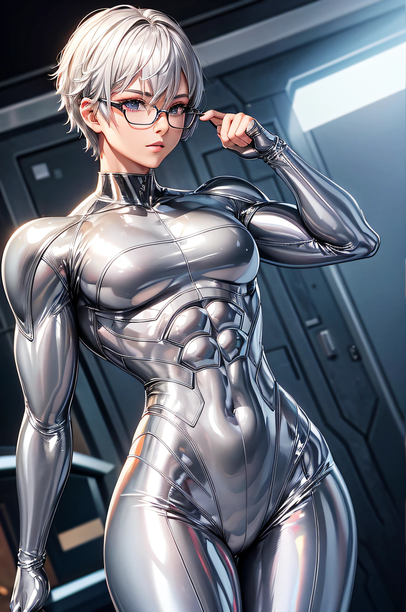 5 8K UHD、Muscular beauty with short silver hair wearing shiny full-body silver suit wearing glasses is in muscle pose、Shiny silver latex suit with hidden skin、Upper body only