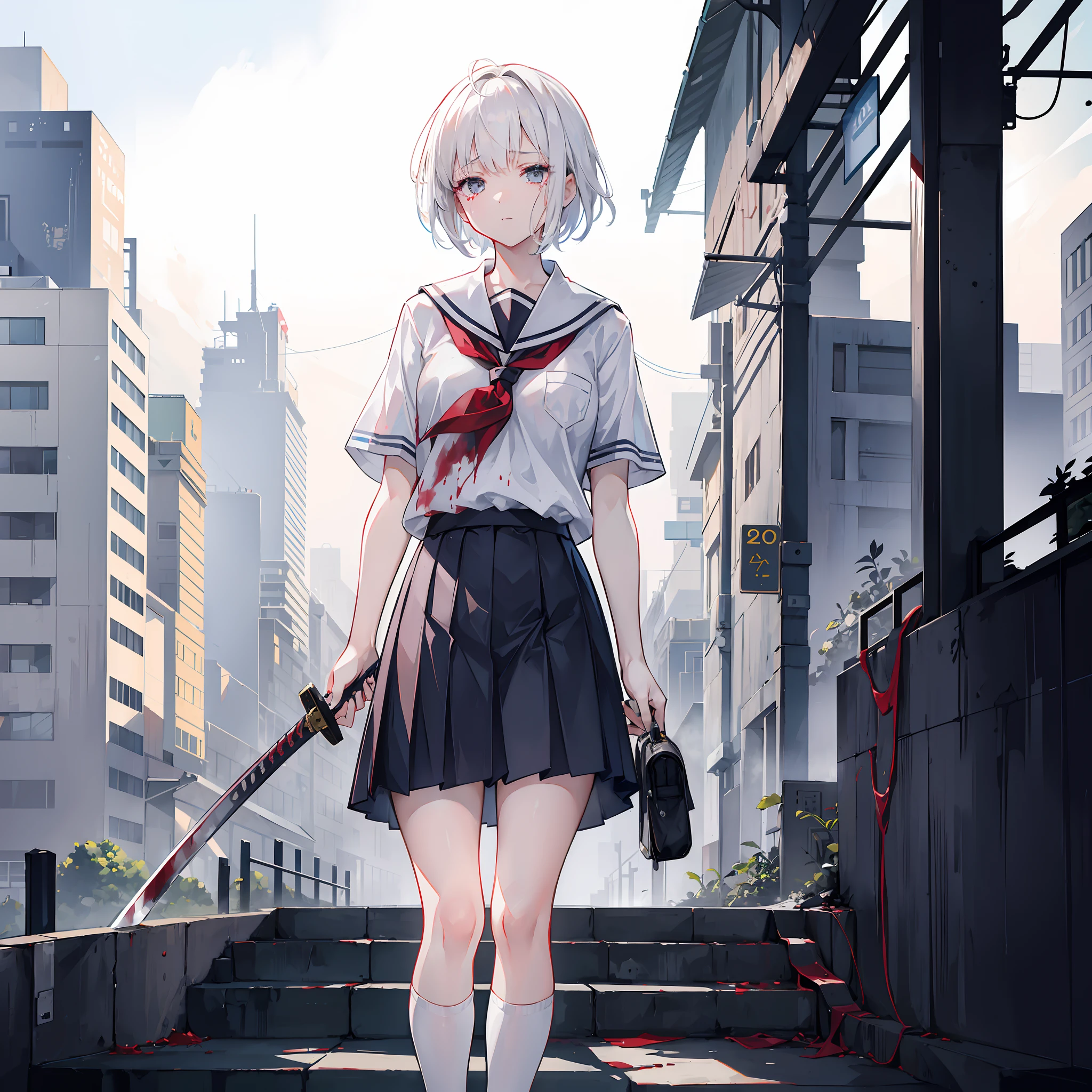 1 girl, short white hair, wearing a disheveled school uniform, wearing a torn skirt, wearing white shoes with white eyes, seen crying, sad, looking to the side, in a dirty city, npc, carrying a bloody katana, many victims in the city, 8k
