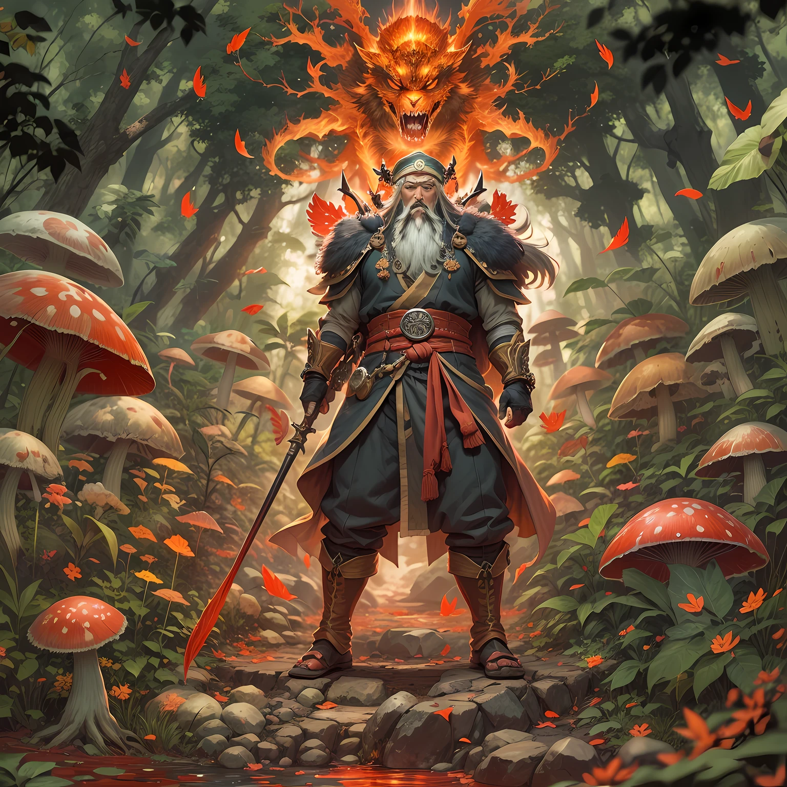 stylish japanese anime digital illustration, Isekai Tensei、Japan Isekai Tensei anime、Guan Yu landed in the jungle of another world、An otherworldly jungle reminiscent of the jungle of Vietnam、Feminized Guan Yu、Niō Standing、Red aura background, Standing with his boastful brunt on the ground。Ground covered with slime、A huge group of mushrooms shining around a tree、Intimidating a group of demonic beasts with his proud supremacy、hyper-sharp image, ultra sharp image, Mkoto shinakai, Akria Toriyama, Ghibri, zelda,