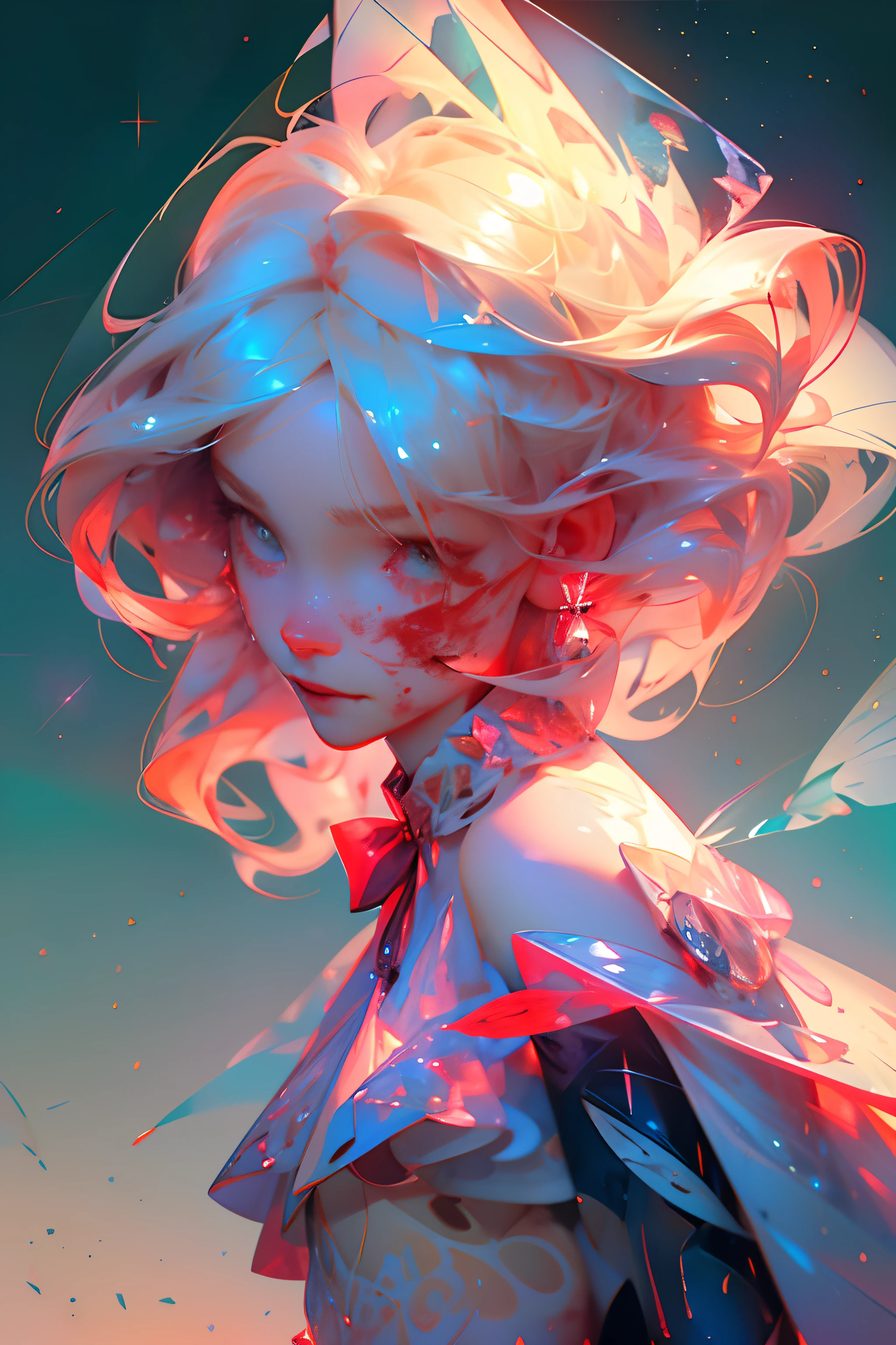 (((crystals texture Hair))), {{{{{Extremely detailed CG}}}}},{{8K_the wallpaper}}, {{{{Crystalline purple gemstone gloves)}}},((Beautiful detailed glass. hair)), ((Glass shaped texture hand)),((crystallize texture body)),gem body,Hands as clear as jewels,crystallization of clothes,((crystals texture skin)), Sparkle, Lens flare, light leaks, Broken glass, {{{{detailed glass shaped clothes}}}}, ((Masterpiece)), (((Best quality))), ((Ultra-detailed)), ((illustration)), ((Disheveled hair)), ((frilld)), (1 girl), (Solo), Dynamic Angle, big top sleeves, Floating, beautiful detailed gemstone sky, gemstone sea, Beautiful detailed eyes, Overexposure, side blunt bangs, hairs between eyes, Ribbons, neck bowtie, macaron, Bare shoulders, (((Small breast))), Pleated skirt, crystals texture flowers, ((detailed crystallized clothing)),(gemstone of body), solofocus, {{{{{{{{Iridescence and rainbow hair:2.5)}}}}}},{{{{{{detailed cute anime face}}}}}}, {{Loli}},{{{{{aquarelle_(mediating)}}}},(((Masterpiece))), (((clock))),(((Red))),(((Blood))),finedetail, Depth of field,Blood drop,Blood fog