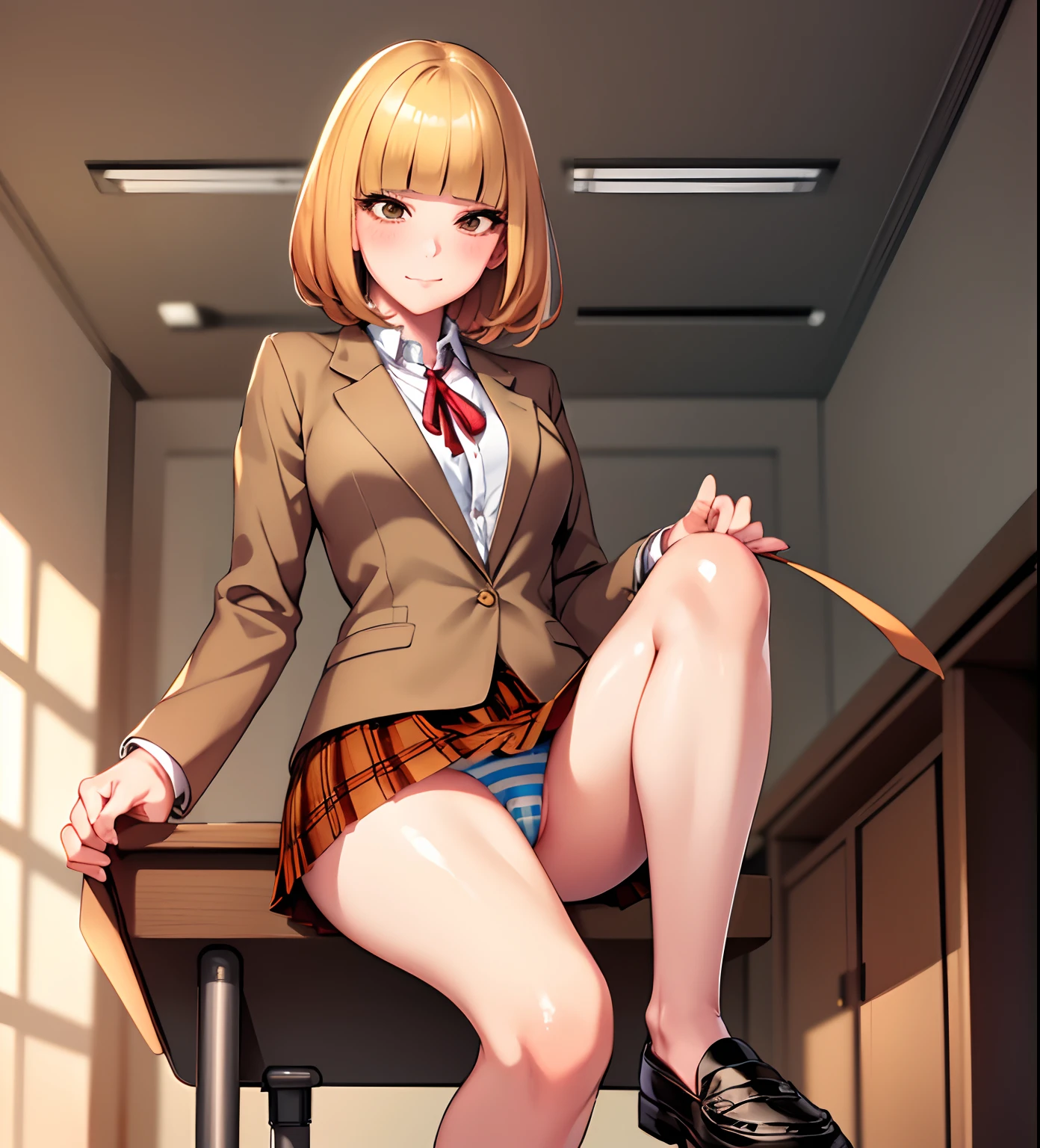 (masterpiece,best quality, detailed), 1girl, solo, classroom, indoors,closed mouth, midorikawa hana, brown jacket, neck ribbon, collared shirt, school uniform, plaid skirt, loafers, squinting, eyelashes, lifting skirt, under her, striped panties, disgusting face