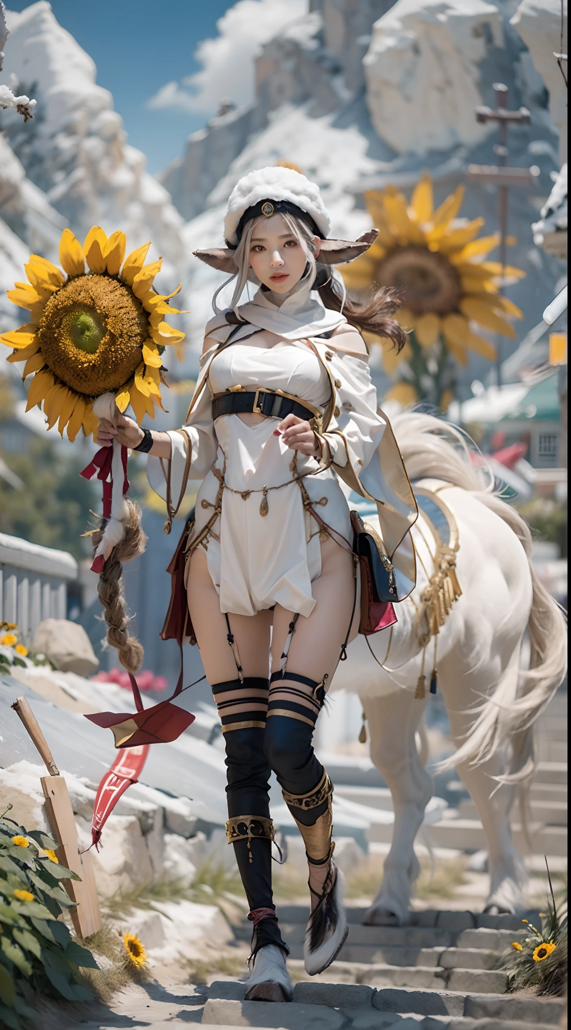 In a very grand scene，The extra-large wide-angle lens captures the appearance of a female centaur。She is a Sunflower Worship nun，Facing it（拥有微笑😊脸的针织太阳花圣象：99.99）DOA。She is tall，It has the ultimate curvy beauty，The muscles are slender and firm，Beautiful lines。She has（Super huge sky blue eyes：99.99），Always with sexy glasses。（She wears solemn nun attire：9.9），Stepping on a boot-style skyscraper-heel，A pink cross hangs from his chest。Use Midjourney's advanced tools，Designed for female centaurs（In front of her is a knitted sunflower potted plant with a super healing smile：99.99），This is the icon of God woven from high-grade yarn，and noble and solemn nun costumes，and highlight her unique physiological characteristics and appearance details，Add realism。And in the context of her prayers and listening to confessions，Spectacular views of nature，Such as the sky where storms and sunny days alternate、Brilliant rivers of stars and auroras、The snow-capped summit of Mount Everest、Fireworks in the mountain town, etc。ao mesmo tempo，Away from the hustle and bustle next to the chapel，Create a fantastic scene。Use Midjourney's advanced tools and multiple color palettes、Brush Strokes、Texture tools and model packages，It shows a sense of atmosphere where beauty and charm coexist。The charm of the female centaur is highlighted through color and lines，Enhance realism with detailing，Create a surreal dreamy feeling。Additionally，Use Midjourney's tools to add various exorcism props and books to the female centaur、pergaminhos，Create intricate hairstyles and outfits，Give her a sense of premium。She never flinches，No matter what monster you encounter，can respond quickly，Even the most extreme armies of natural disasters and monsters could not stop her and her front（The only sunflower in the picture with the Tyndall effect exuding sunlight：999.9）。Use Midjourney's powerful tools，You can do it with incredible detail and beauty，Bring this ultra-grand and beautiful scene to life。Ultra-grand scenes，super wide