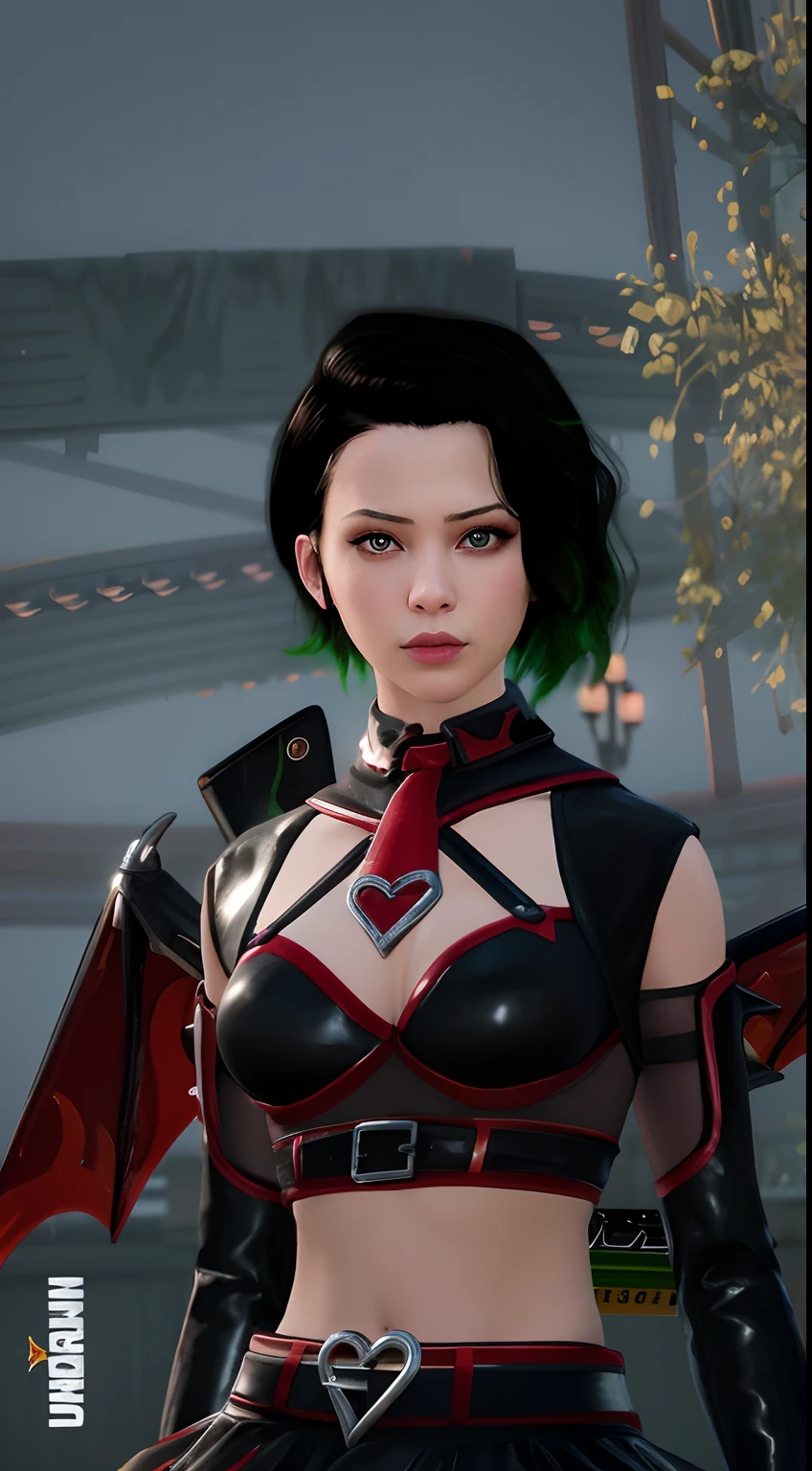 there is a woman in a black and red outfit holding a cell phone, katana zero video game character, character close up, close up character, character close-up, 8 k character details, female character, unreal engine : : rave makeup, unreal engine character art, new character, inspired by Lam Qua, as a character in tekken, highly detailed character