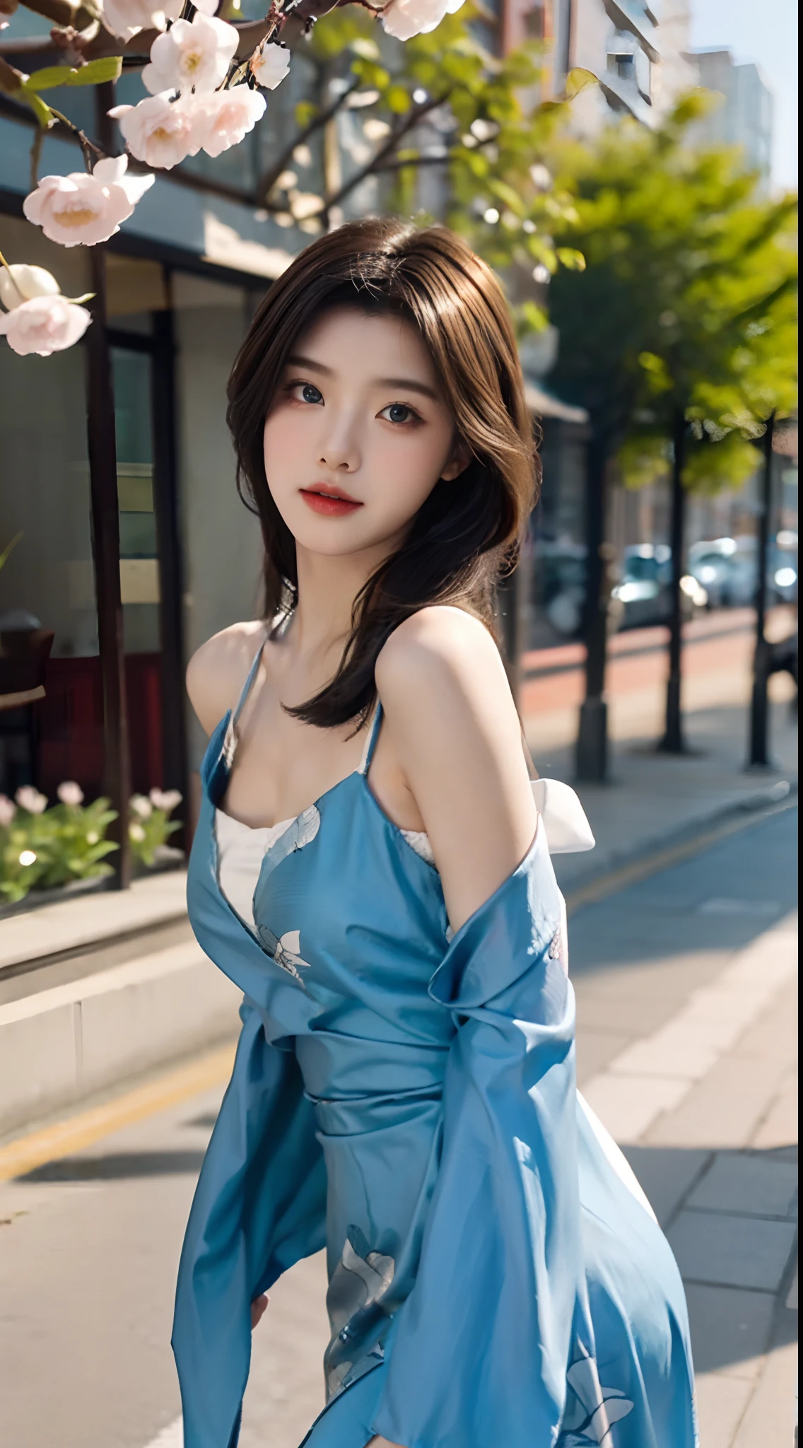 face to the viewer,Girl wearing beautiful floral dress,It shows a fresh and natural beauty。The dress is pink,It is covered with a variety of colorful floral patterns,This makes the whole dress look elegant and gorgeous。The neckline of the dress is a typical round neck,Fits her neck,Show her elegance。
The cut of the dress fits perfectly,Clinging to her body,Show off her graceful curves。The hem of the dress is just below the knee,It looks dignified and generous,It goes well with the color and style of the dress。
Her hair was draped over her shoulders,Slightly curled,It gives a romantic and natural feeling。Her face was covered with light makeup,The choice of eye shadow and lip gloss harmonizes with the color of the dress。The girl is dressed neatly,Full of fresh breath of spring and summer,It shows her elegant temperament and unique charm。