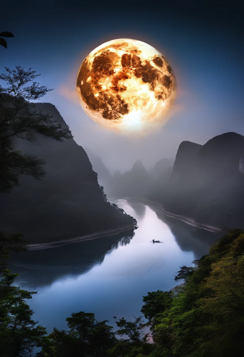 (tmasterpiece,Authentic photography,Concise composition:1.5),the night,Li River scenery,fog atmosphere,White full moon