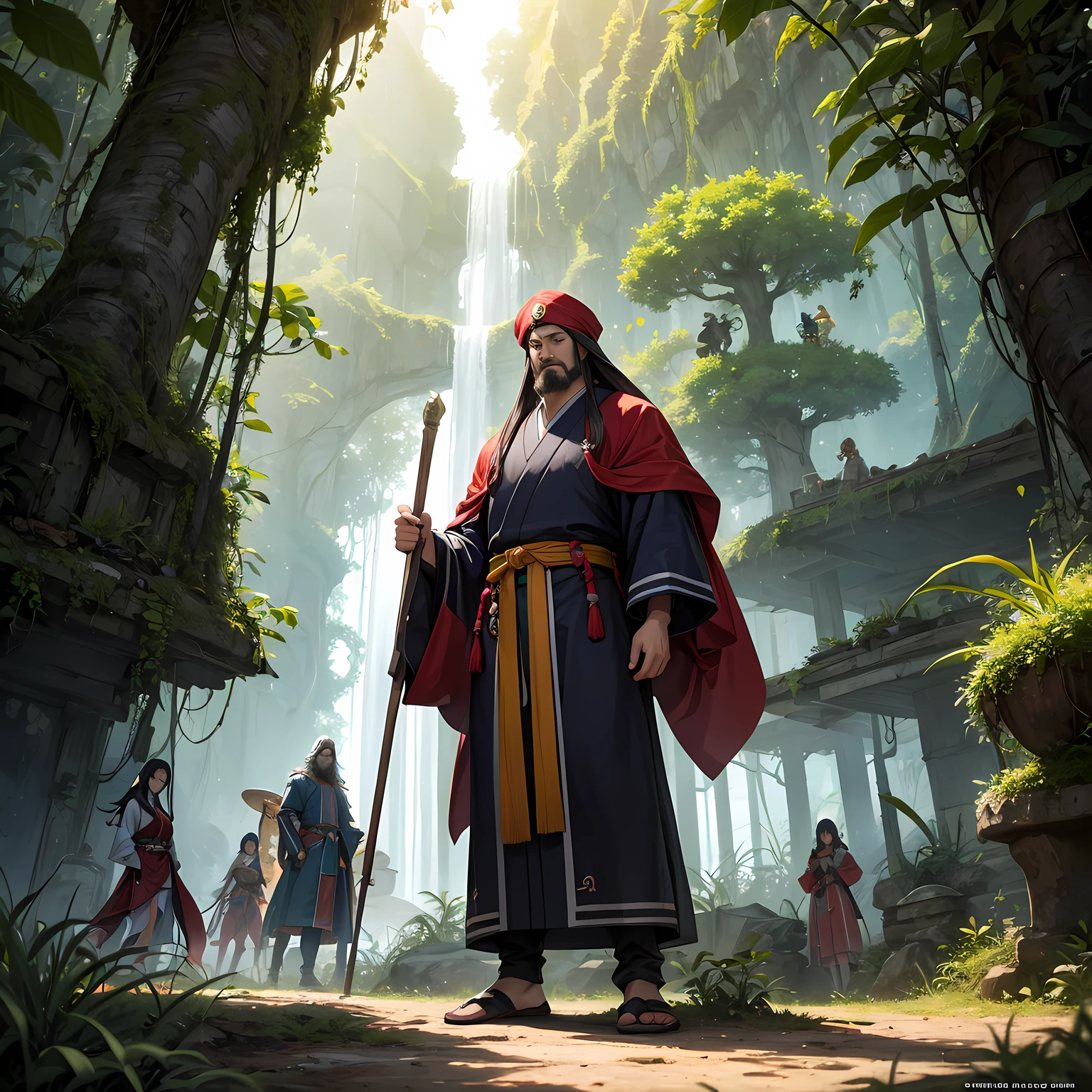 stylish japanese anime digital illustration, Isekai Tensei、Japan Isekai Tensei anime、Guan Yu landed in the jungle of another world、An otherworldly jungle reminiscent of the jungle of Vietnam、Feminized Guan Yu、Niō Standing、Red aura background, Standing with his boastful brunt on the ground。Ground covered with slime、A huge group of mushrooms shining around a tree、Intimidating a group of demonic beasts with his proud supremacy、hyper-sharp image, ultra sharp image, Mkoto shinakai, Akria Toriyama, Ghibri, zelda,
