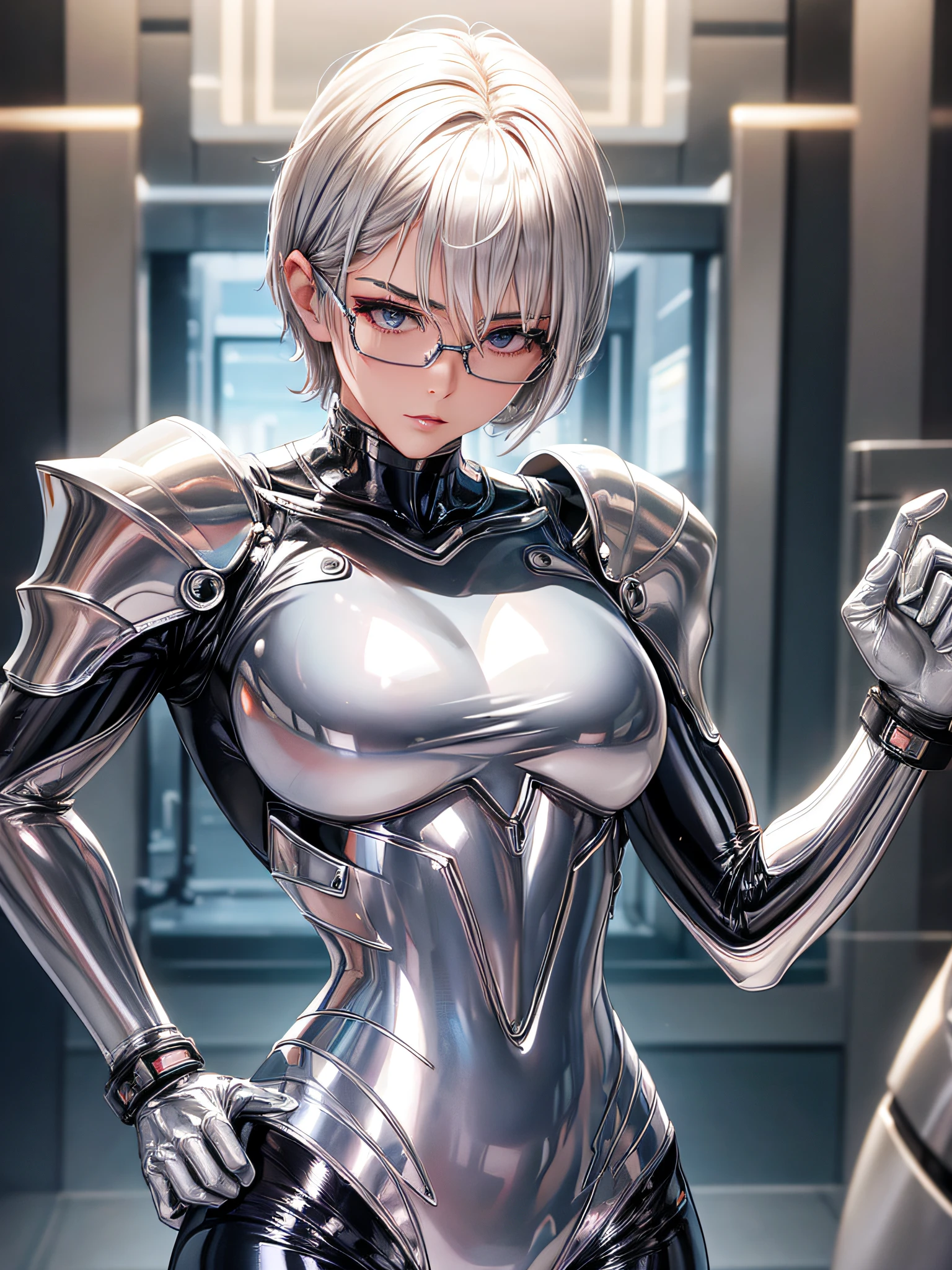 5 8K UHD、Muscular beauty with short silver hair wearing shiny full-body silver suit with glasses with arms behind her back、Beauty with shiny silver latex suit glasses with hidden skin、Upper body only