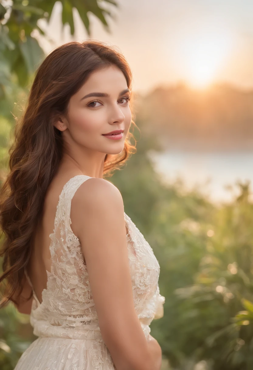 (best quality, highres, extreme detail description, photorealistic:1.37), portraits, vivid colors, beautiful detailed eyes, beautiful detailed lips, long hair, alluring smile, hourglass figure, delicate skin, sun-kissed complexion, gentle breeze, soft lighting, vibrant colors, tropical paradise, crystal clear water, sandy beach, lush greenery, exotic flowers, palm trees, surreal atmosphere, dreamlike surroundings, mesmerizing sunset, tranquil ambiance, happiness, confidence, carefree attitude, subtle sensuality.