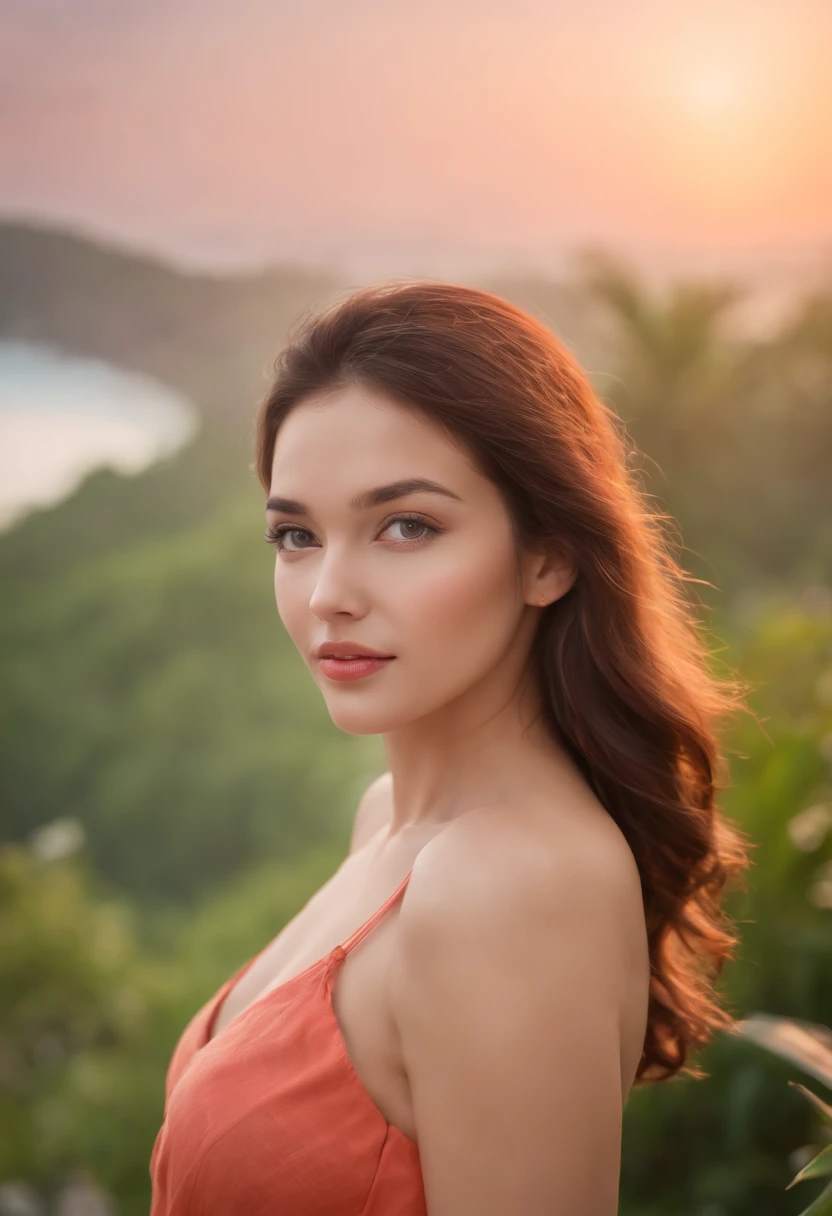 (best quality, highres, extreme detail description, photorealistic:1.37), portraits, vivid colors, beautiful detailed eyes, beautiful detailed lips, long hair, alluring smile, hourglass figure, delicate skin, sun-kissed complexion, gentle breeze, soft lighting, vibrant colors, tropical paradise, crystal clear water, sandy beach, lush greenery, exotic flowers, palm trees, surreal atmosphere, dreamlike surroundings, mesmerizing sunset, tranquil ambiance, happiness, confidence, carefree attitude, subtle sensuality.