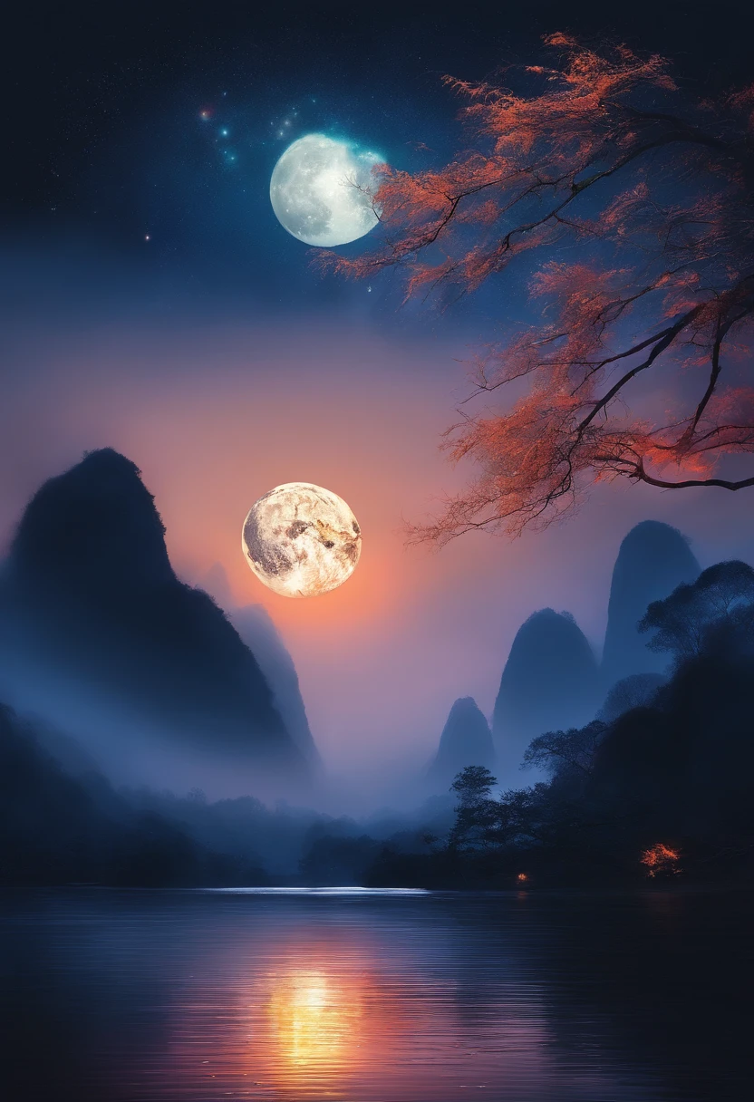 (tmasterpiece,Authentic photography,Concise composition:1.5),the night,Li River scenery,fog atmosphere,White full moon