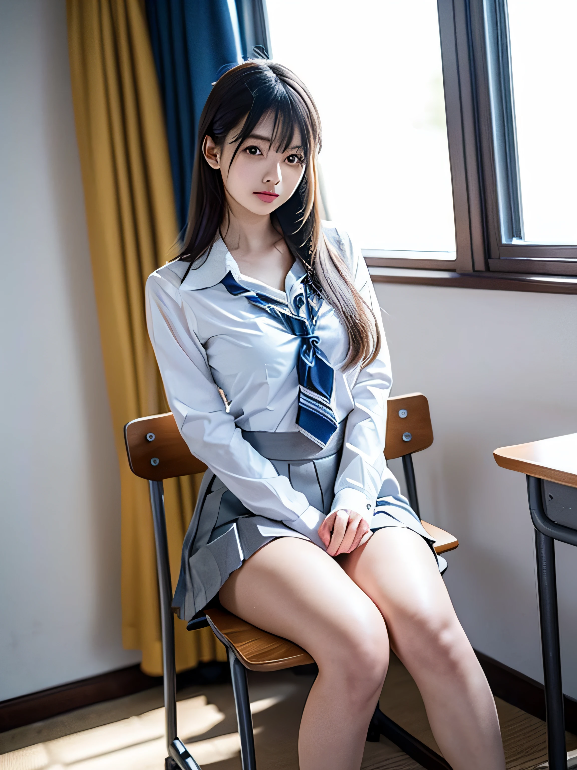 top-quality、8k picture、In a classroom with the setting sun shining through the window、1 girl sitting on a chair、Cute Beautiful Girl、Hold your knees and sit on a chair、White blouses、a short skirt、I can't see the white panties.、slenderbody、tiny chest、toned legs、Detailed details