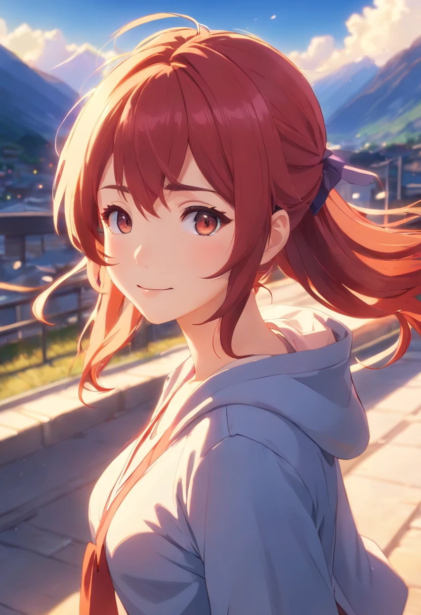 tmasterpiece、top-quality、cinematic Film still from、1girl in、mountain girl、stroll、closeup cleavage、with light glowing、blissful、Warm and soft lighting、During the day、(Spark:0.7)、poneyTail、(Red-haired)、(frontage) Warm, smiling, sunny