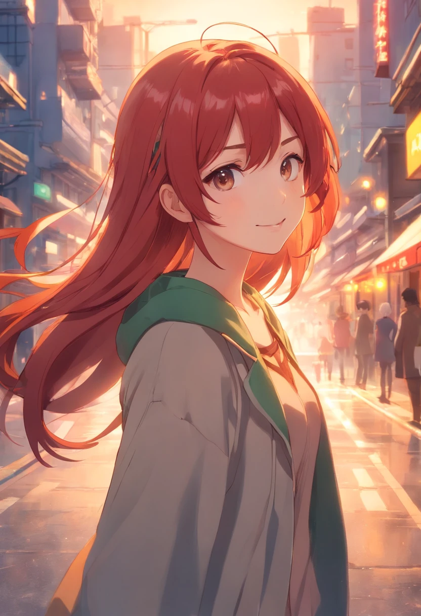 tmasterpiece、top-quality、cinematic Film still from、1girl in、mountain girl、stroll、closeup cleavage、with light glowing、blissful、Warm and soft lighting、During the day、(Spark:0.7)、poneyTail、(Red-haired)、(frontage) Warm, smiling, sunny