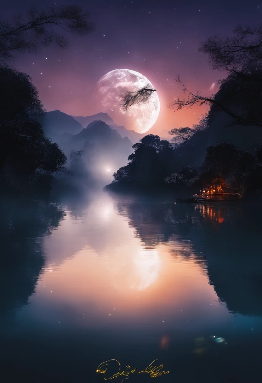 (tmasterpiece,Authentic photography,Concise composition:1.5),the night,Li River scenery,fog atmosphere,White full moon