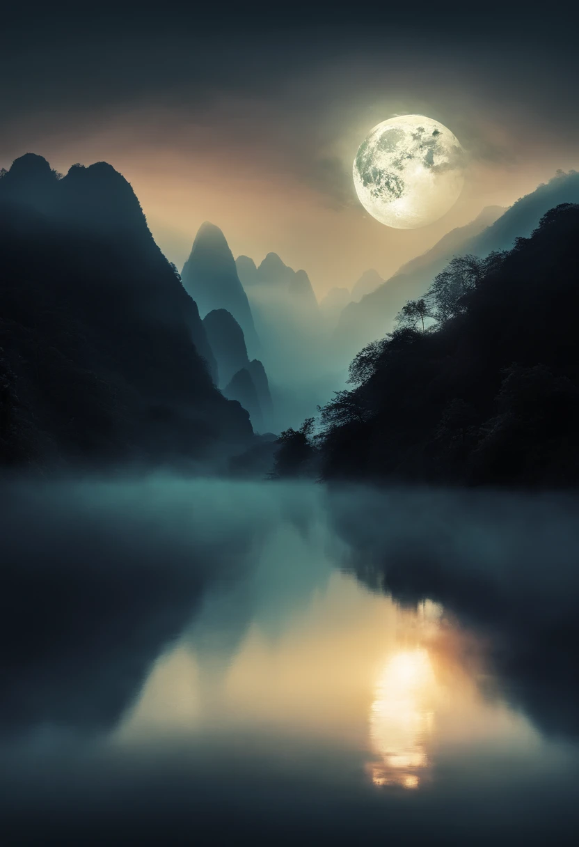 (tmasterpiece,Authentic photography,Concise composition:1.5),the night,Li River scenery,fog atmosphere,White full moon