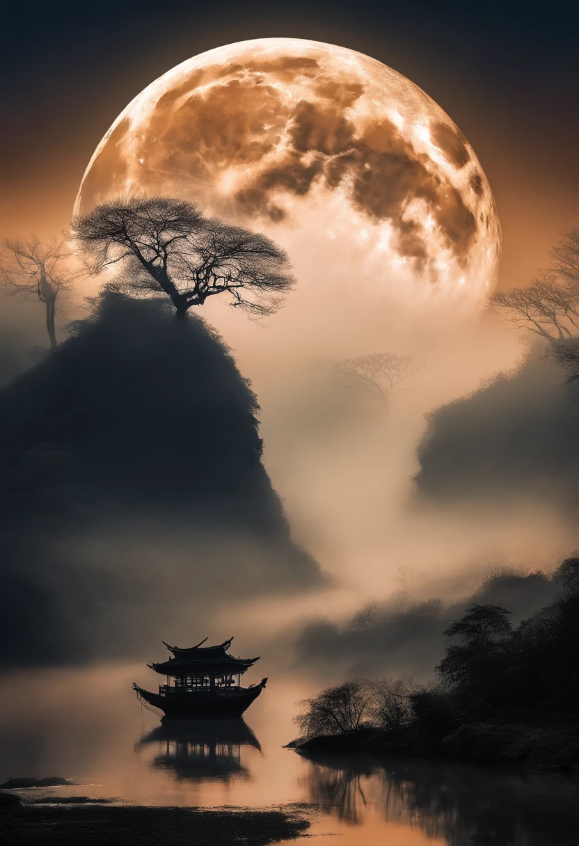 (tmasterpiece，Authentic photography，Concise composition：1.5），the night，Li River scenery，fog atmosphere，White full moon