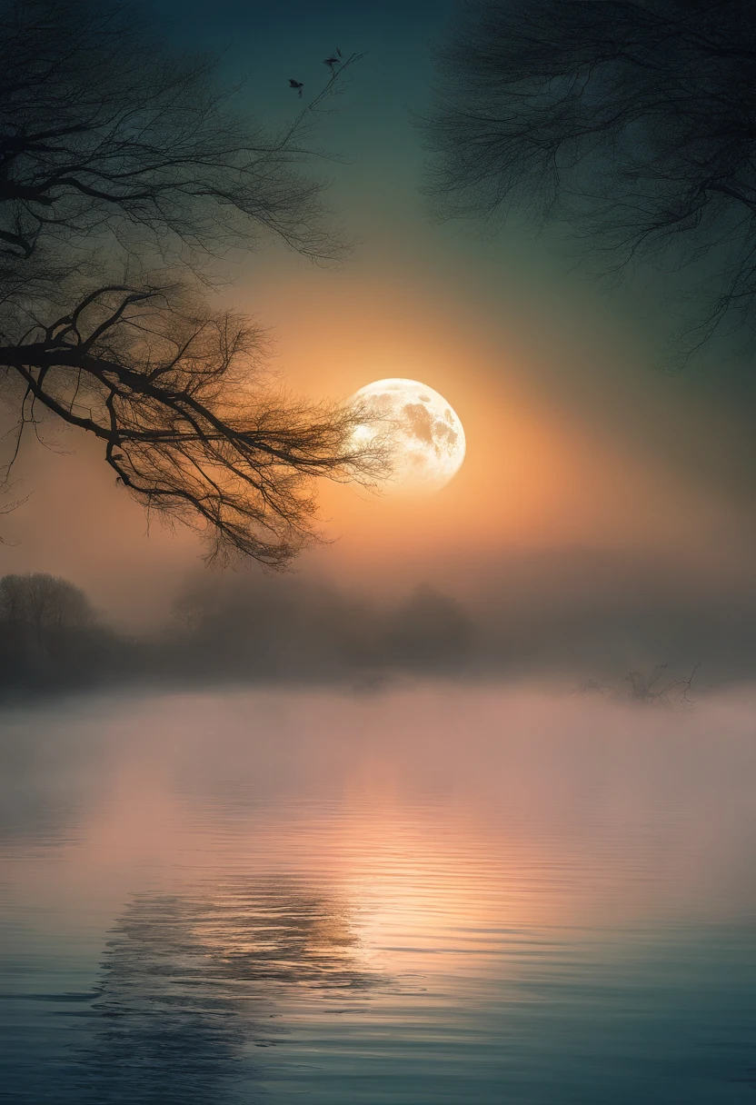 (tmasterpiece,Authentic photography,Concise composition:1.5),the night,Li River scenery,fog atmosphere,White full moon