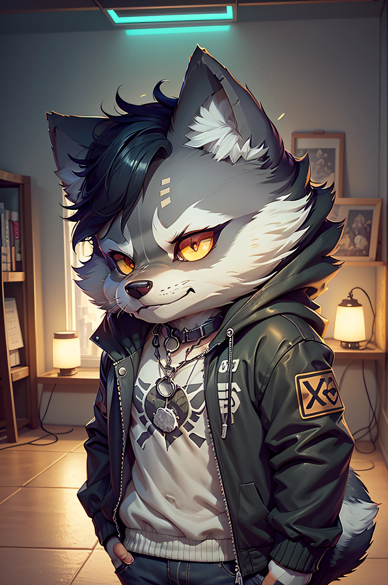 by Kenket, by totesfleisch8, (by thebigslick, by silverfox5213:0.8), (By Syuro:0.2), (by qupostuv35:1.2), (hi res), ((masutepiece)), ((Best Quality)), Illustration, Furry, Siberian Husky, Animal ears, body fur, 1girl in, Solo, Black hair, Looking at Viewer, Smile, Female, ((Wolf Girl)), young adult, Rooms and the city, (((Night, RGB lights, Warm colors, lofi))), ((Room with computer)), Screen Light, Toned body, Choker, Chill Pose, Jackets and jeans, Tomboy clothes, Femen's clothes, Loffi 8-bit, Furry anthropomorphic Siberian Husky, Furry Siberian Husky nose, ((Black fur:1.2))