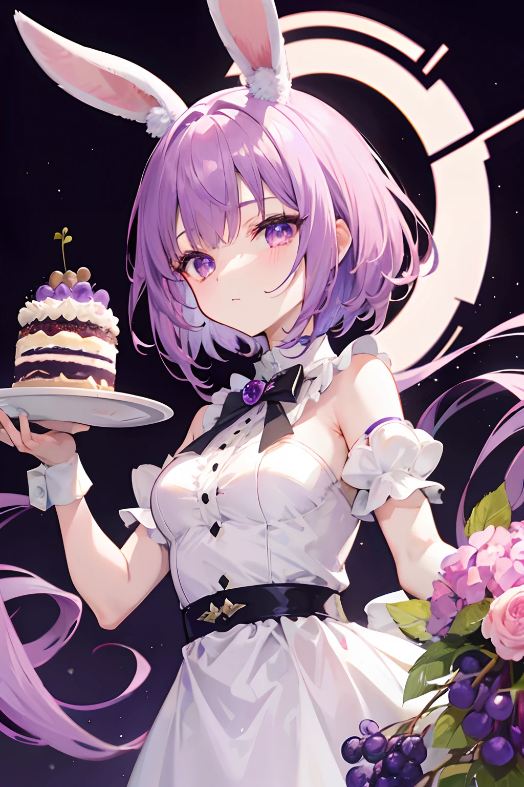 short light purple hair,Sister head,Qi bangs,bunny ears,Deep purple eyes,grapes,Cream cake
